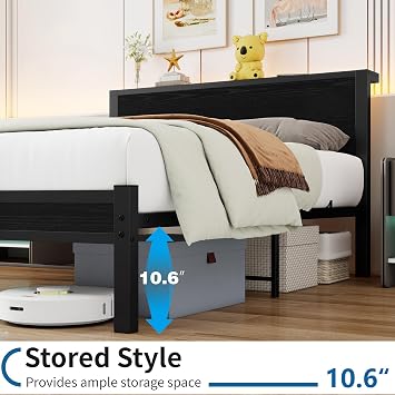 Double Bed Frame Metal Platform Bed Frame with Wood Headboard