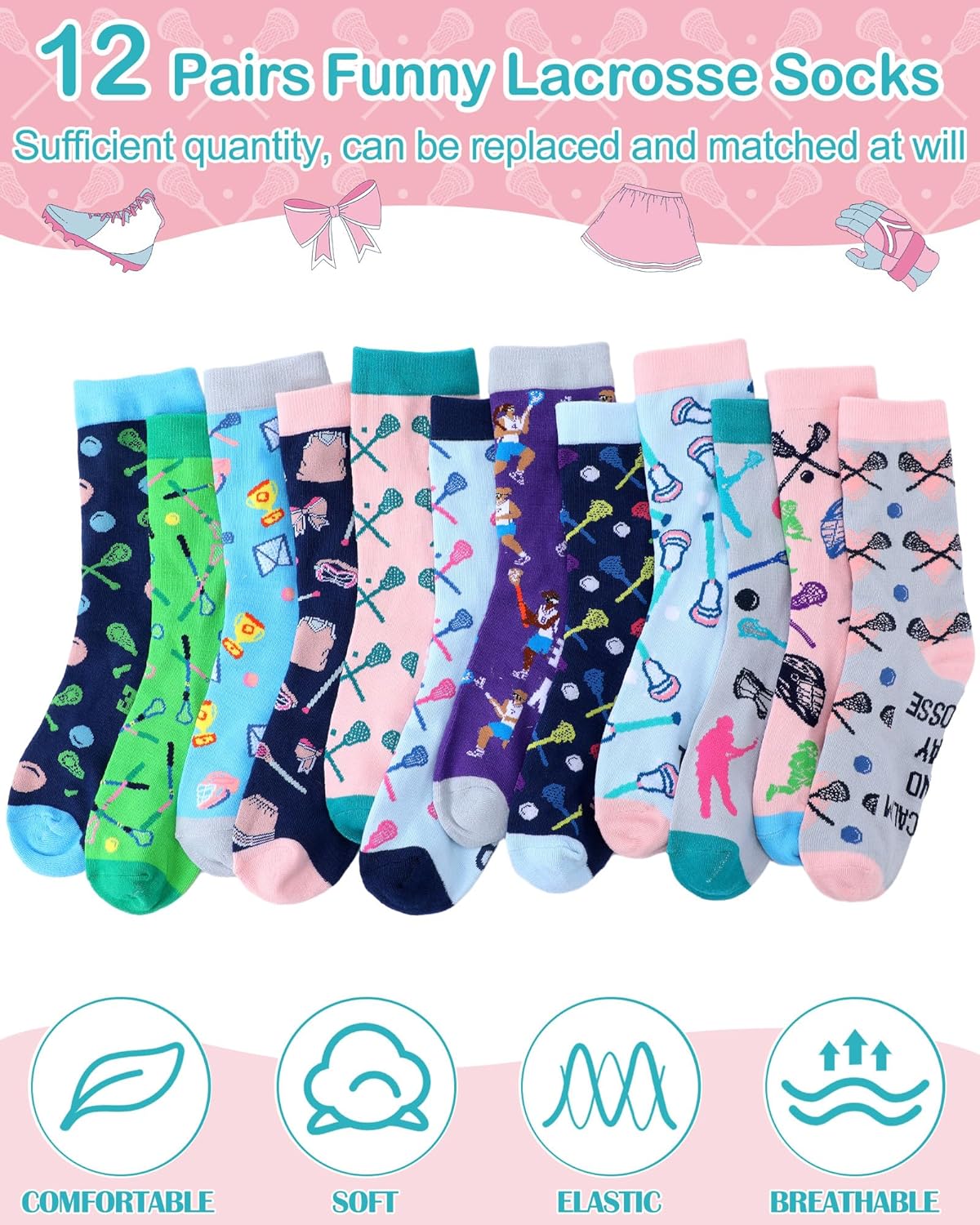 12 Pairs Funny Lacrosse Socks for Women Teens Girls Boys Novelty Cotton Athletic Crew Socks Sports Senior Night Gifts Accessories for Lacrosse Lover Team Player Coach