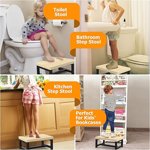 Miniatura 22 de Taburetes para adultos y niños con patas de goma antideslizantes, escalones de madera anchos y resistentes, capacidad de 500 libras, para