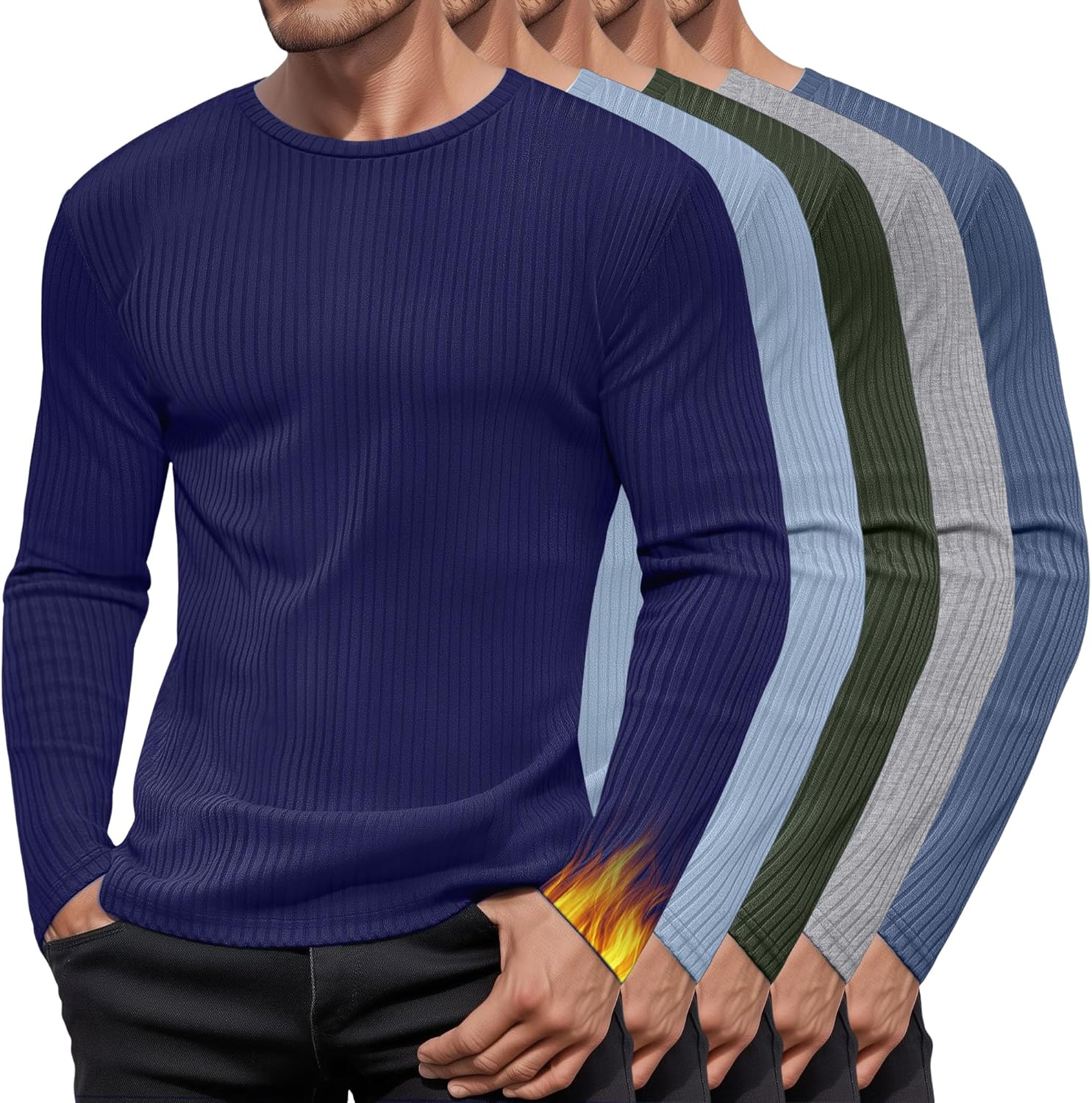 5 Pack Men's Cotton Thermal Shirts Long Sleeve Ribbed Tops Crew Neck Slim Fit Sweater Casual Pullover Undershirts