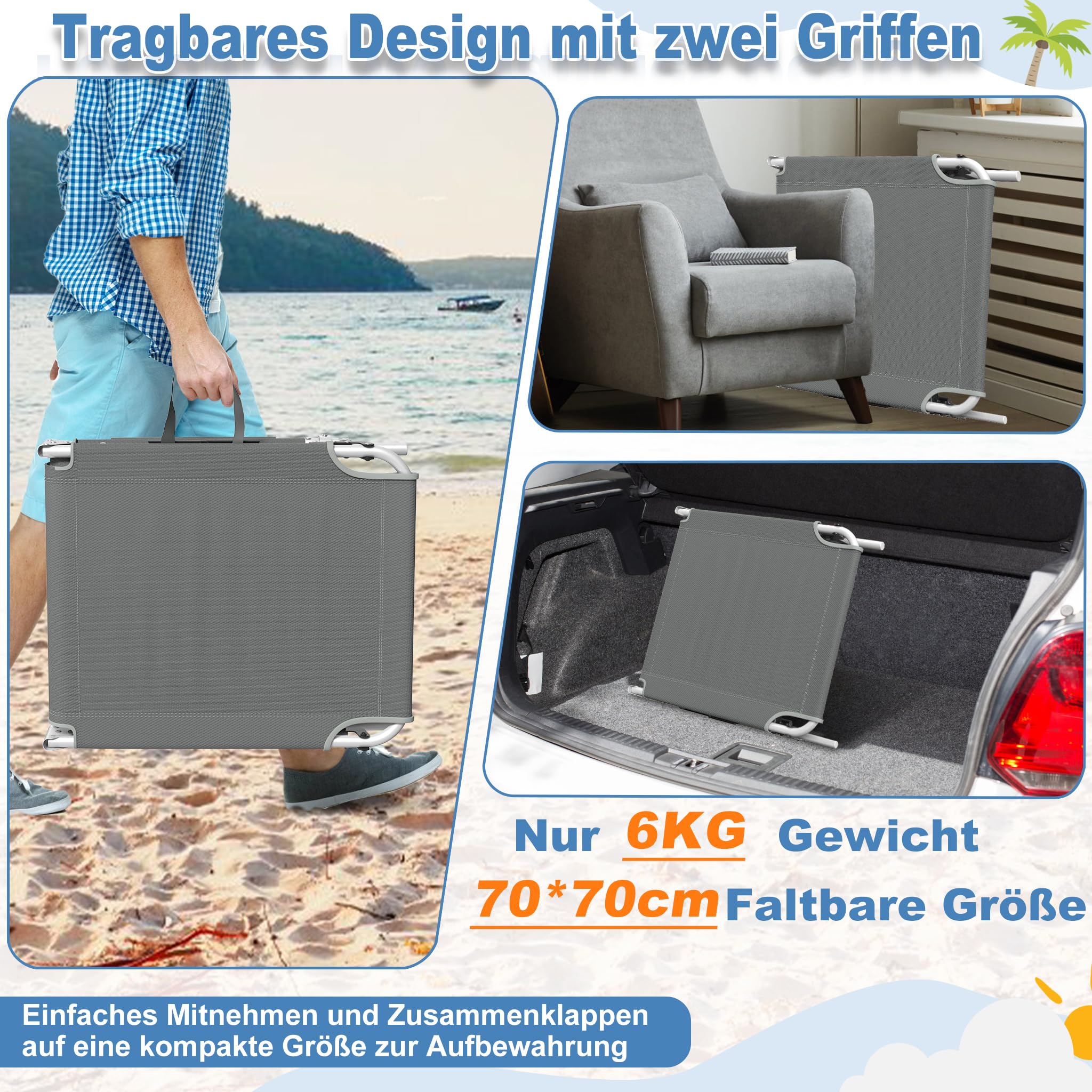 AufuN Sonnenliege Klappbar mit Dach und Seitentasche 195x68 cm Anthrazit | Wetterfeste Gartenliege, stabile Strandliege, Sonnenschutz & verstellbare Rückenlehne, bis 100 kg, ideal für Terrasse Campin