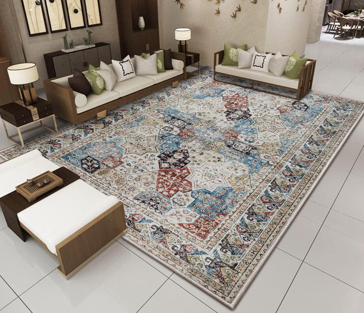Hafaa Washable Rugs Living Room Large 240x320 CM - Soft Short Pile Extra Large Area Rugs for Bedroom, Dining Room, Lounge - Modern Vintage Design Boho Rug Cashmere Faux Floor Carpet, Coastal