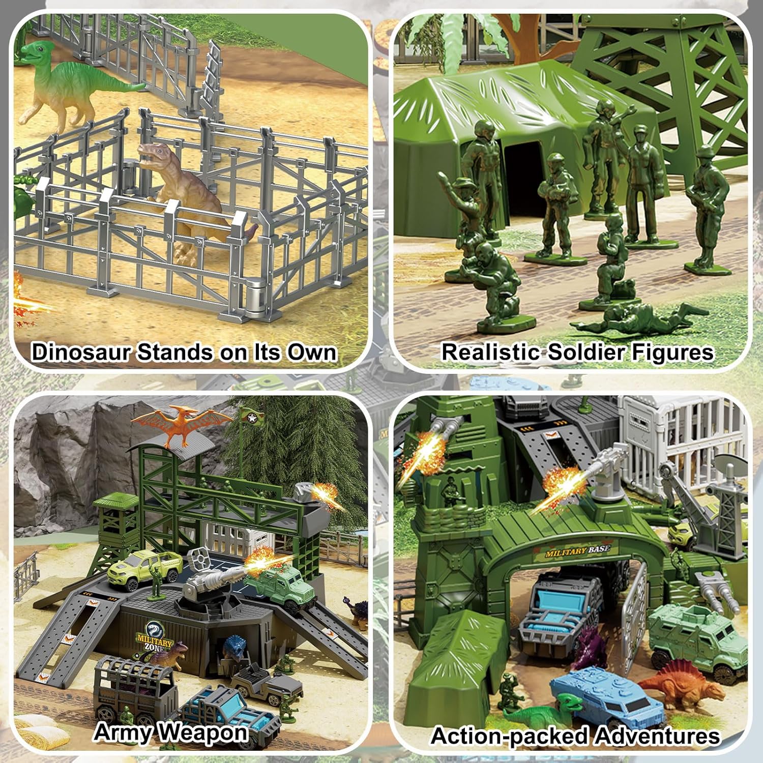 Military Dinosaur Battle Playset, 56 Piece Army Toy Set Soldier Figures, Military Vehicles (Helicopter, Je-ep, Trucks), Cannon, Tents & Battle Mat, Educational STEM Toys for Boys Ages 3-12