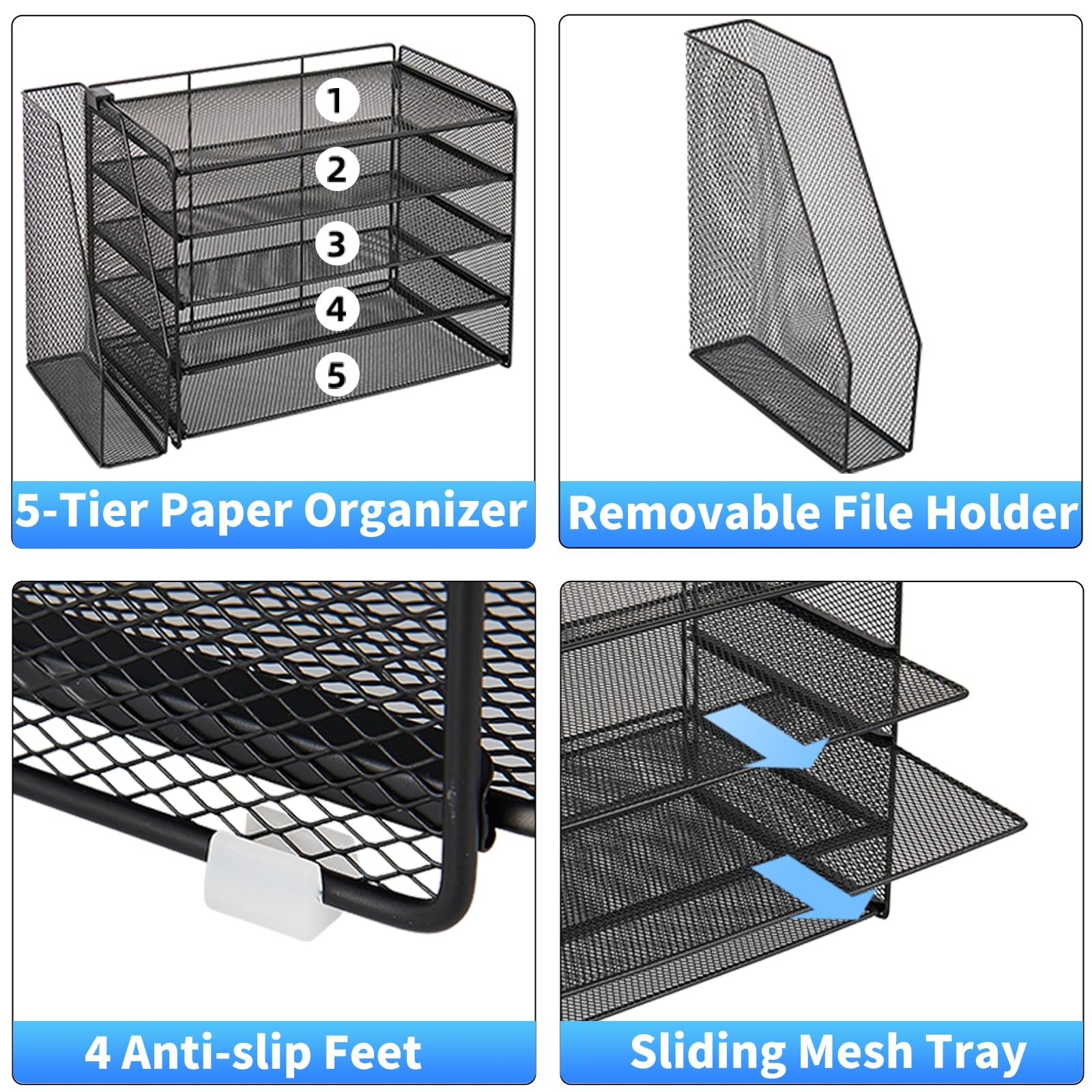 OPNICE Desk Organizer 5-Tier Paper Organizer Letter Tray with Magazine Holder Office Desk Accessories Workspace Organizers Desktop File — view 6
