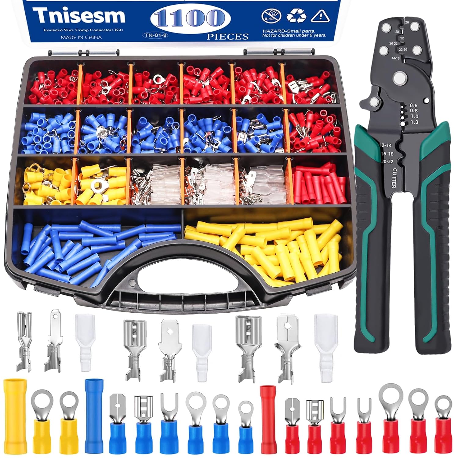 Tnisesm 1100pcs Wire Connectors - Insulated Electrical Wire Terminals with Crimp/Stripping/Cutting Multifunction Wire Crimping Tool 22-10AWG- Ring, Butt, Spade, Fork Connector Kit