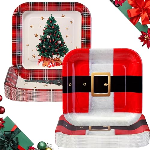 Miniatura 1 de 100 platos de papel de Navidad de 9 pulgadas, platos cuadrados de papel navideños para niños, desechables con hebilla de cinturón de Papá Noel y