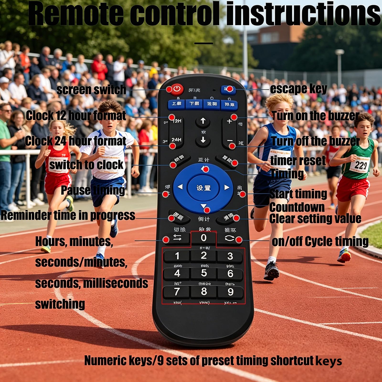 Reloj Pared Digital, Temporizador Doble Cara 3,8 Cm (1,5 Pulgadas) con Trípode/Control Remoto, 6 Modos Funcionamiento Principales, 3 Métodos Instalación, Eventos Carrera Competiciones Deportivas