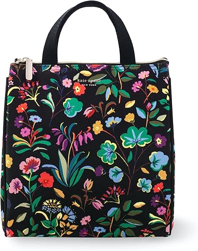 Kate Spade New York Bonita bolsa de almuerzo para mujer, lonchera de gran capacidad, lonchera negra para adultos con forro interior plateado con