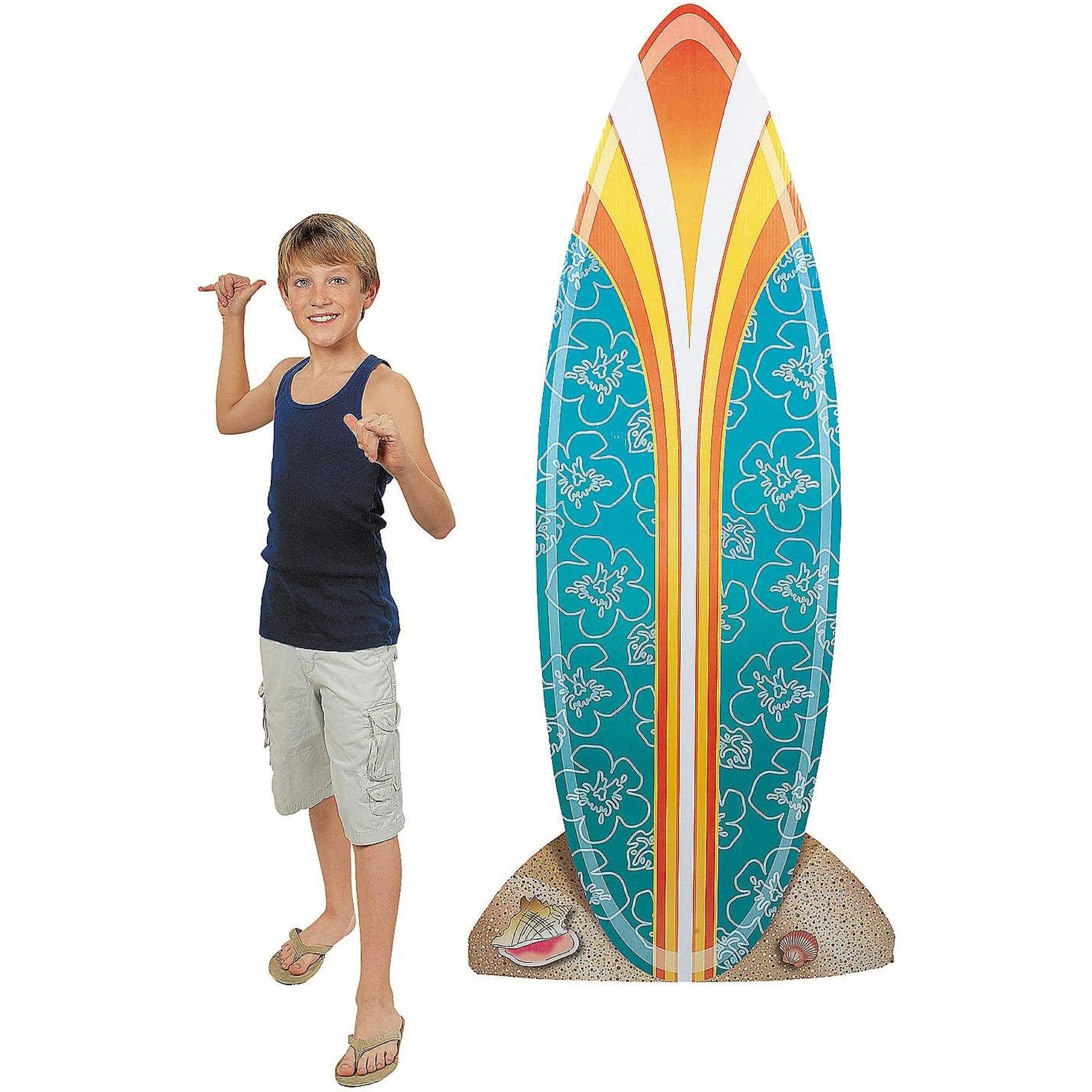 Fun Express 6 Ft. Orange & Blue Flower Pattern Surfboard Cardboard Cutout Stand-Up - Great for Beach, Luau and Tiki Themed Birthdays, Office Parties