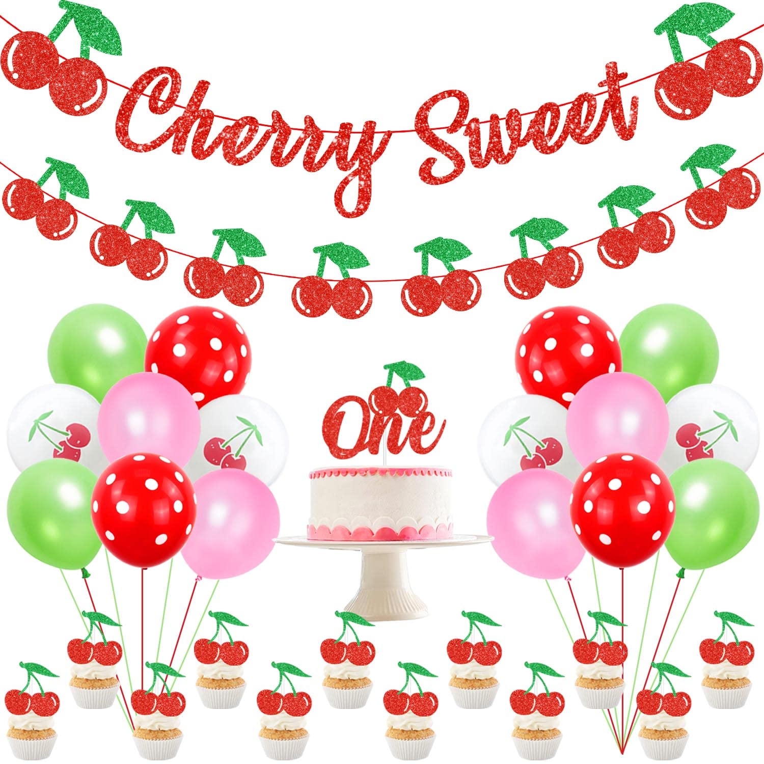 Cherry 1st Birthday Decorations Set - Balloon Banner, Foil & Latex Balloons, Red & Pink Theme
