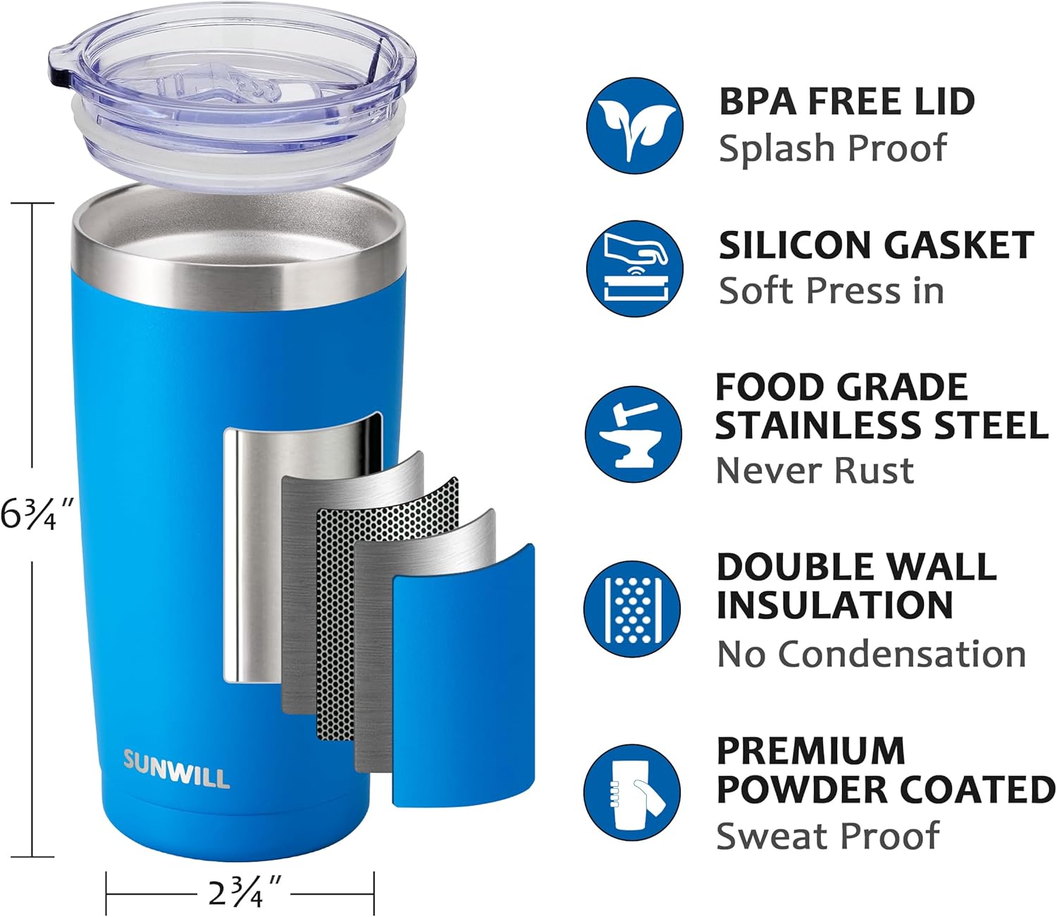 SUNWILL Travel Coffee Tumbler 20 oz, Insulated Mug with Lid, Stainless Steel Cup for Outdoor, Powder Coated Royal Blue - Image 2