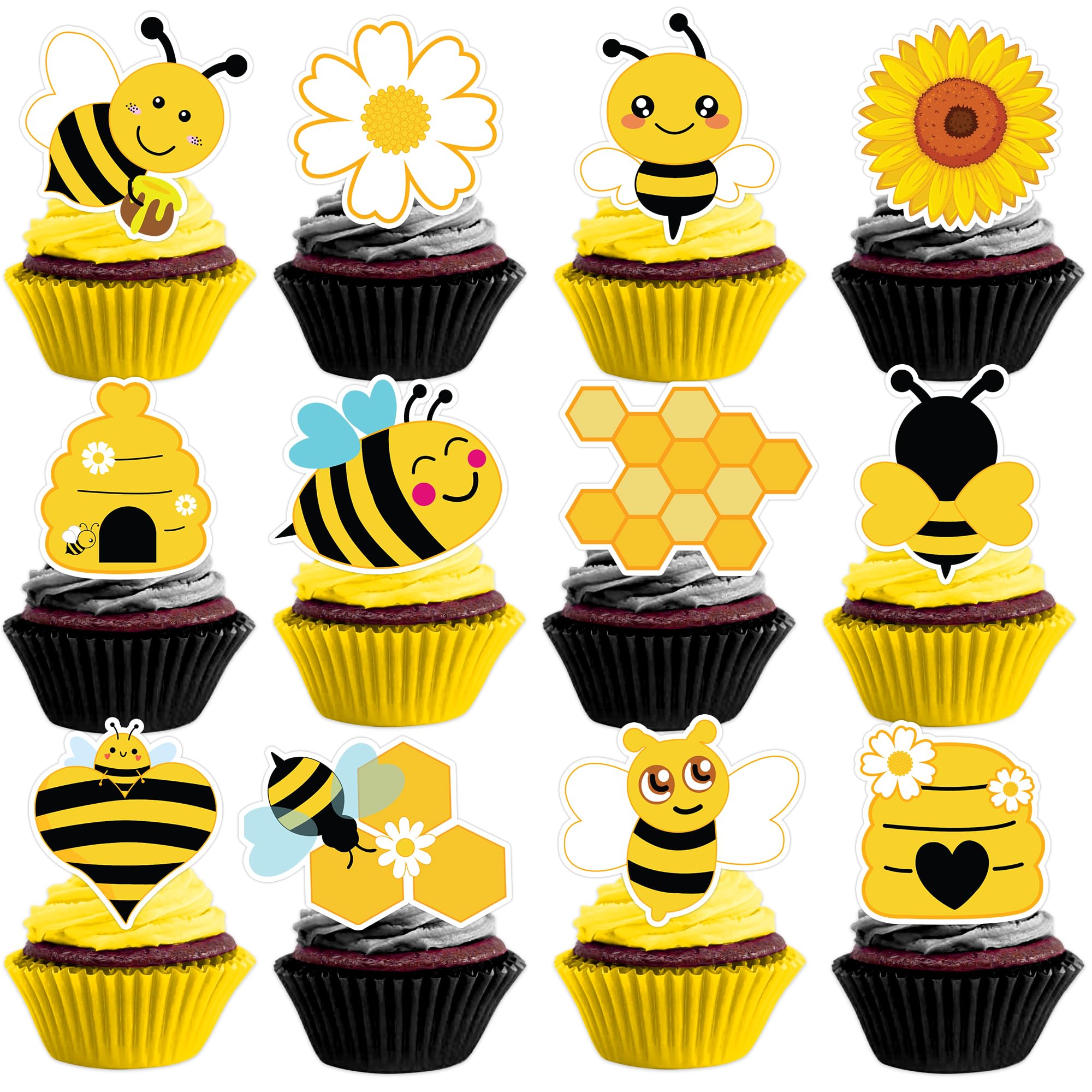 Happy Bee Cupcake Topper – 48 Stück Bienen & Sonnenblumen Deko Für Geburtstag, Baby Shower & Mottoparty