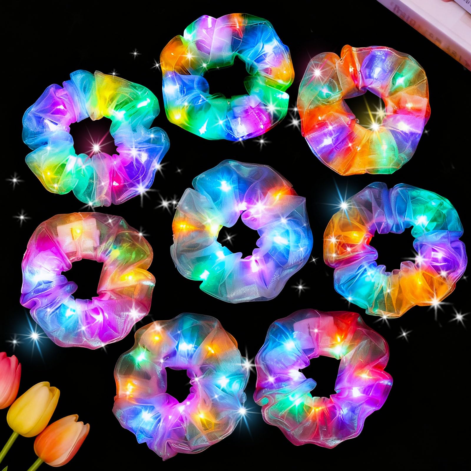 LovesTown 8PCS Light Up Scrunchies, LED Scrunchies Hair Accessories Multi Light Modes Glow in the Dark Rave Outfits for Woman Girls Rave Party