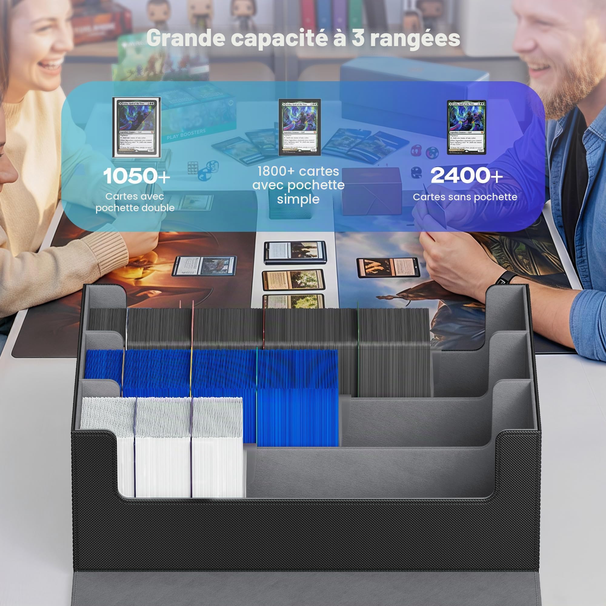 UAONO Coffret de rangement pour cartes | 1800 cartes protégées, fermeture magnétique cuir PU, 10 séparateurs & 3 butoirs pour MTG, PTCG, YGO, sports(Noir)