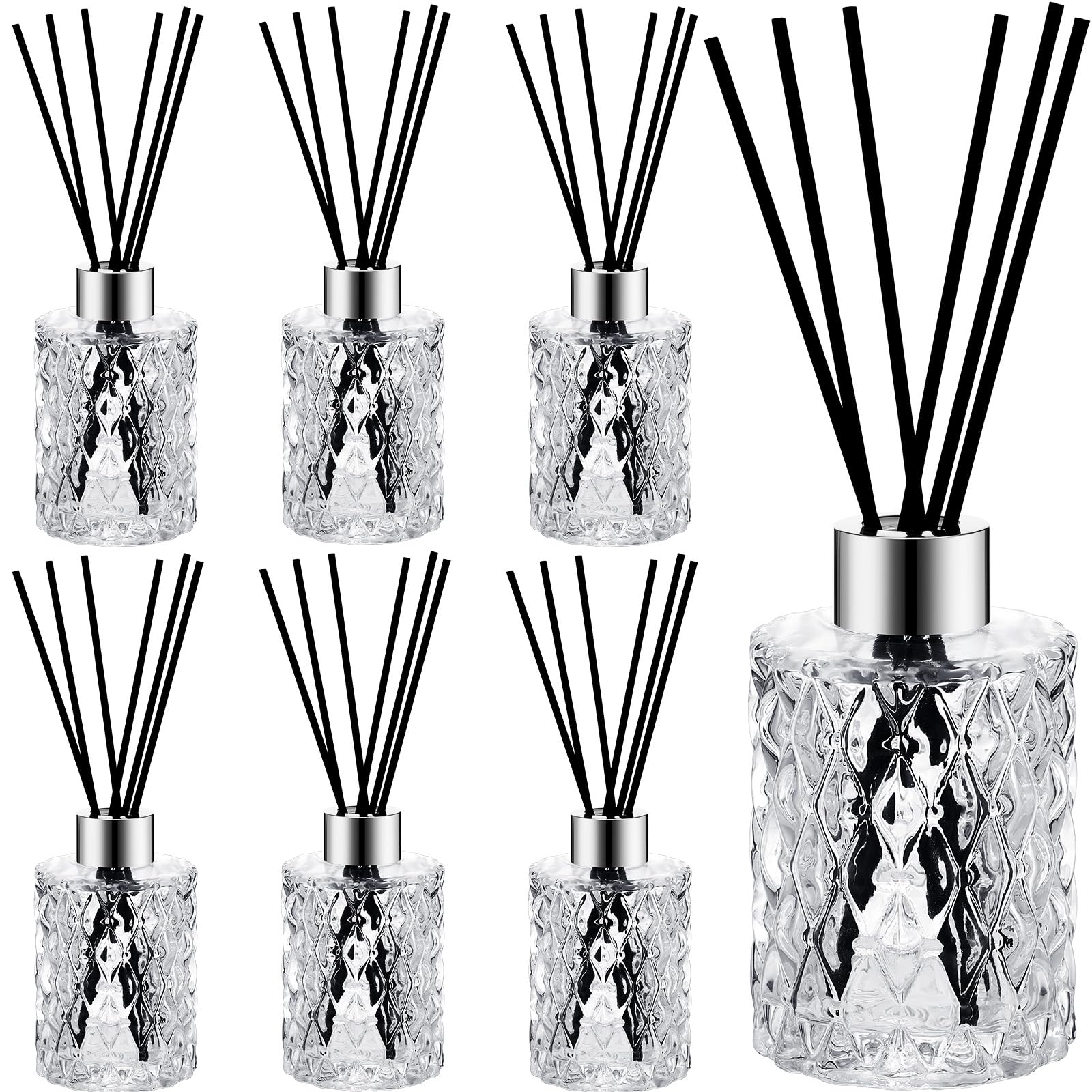 Leere Schilfrohr-Diffusor-Flaschen mit schwarzen Rattan-Sticks und Kappen, 150 ml, klares Glas, Raumduft, Zubehör für ätherisches Öl, Aromatherapie, Zimmer, Badezimmer, Bürodekoration, 6 Stück (Silber