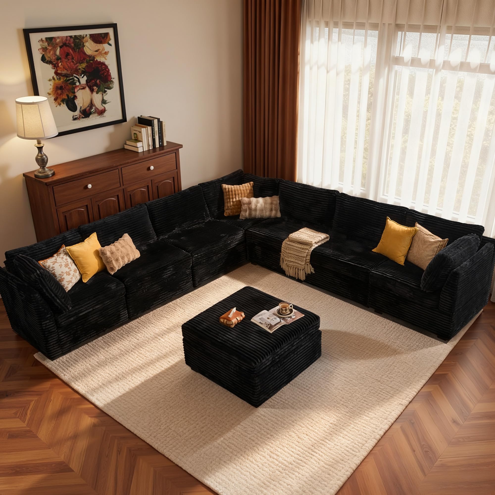HOOOWOOO Modular Sectional Sofa,8 Pieces Sectional Couches for Living Room,164X66 L Shaped Cloud Couch with Ottoman Chaise Set(Black Velvet Corduroy)