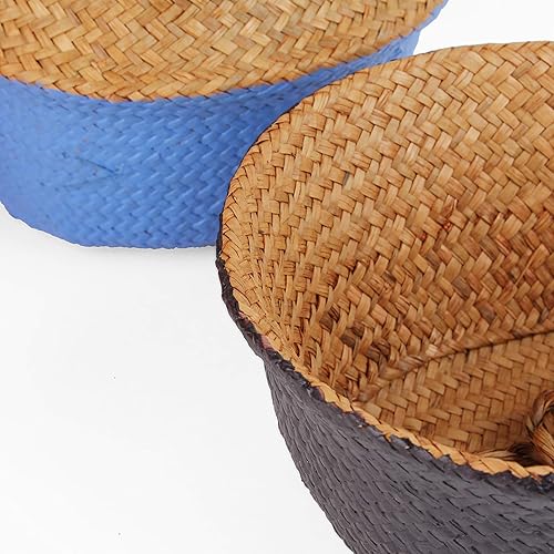 Miniatura 5 de Cesta tejida de hierba marina para almacenamiento, lavandería, picnic, cubierta de maceta y almacenamiento de comestibles y juguetes (M, arena)