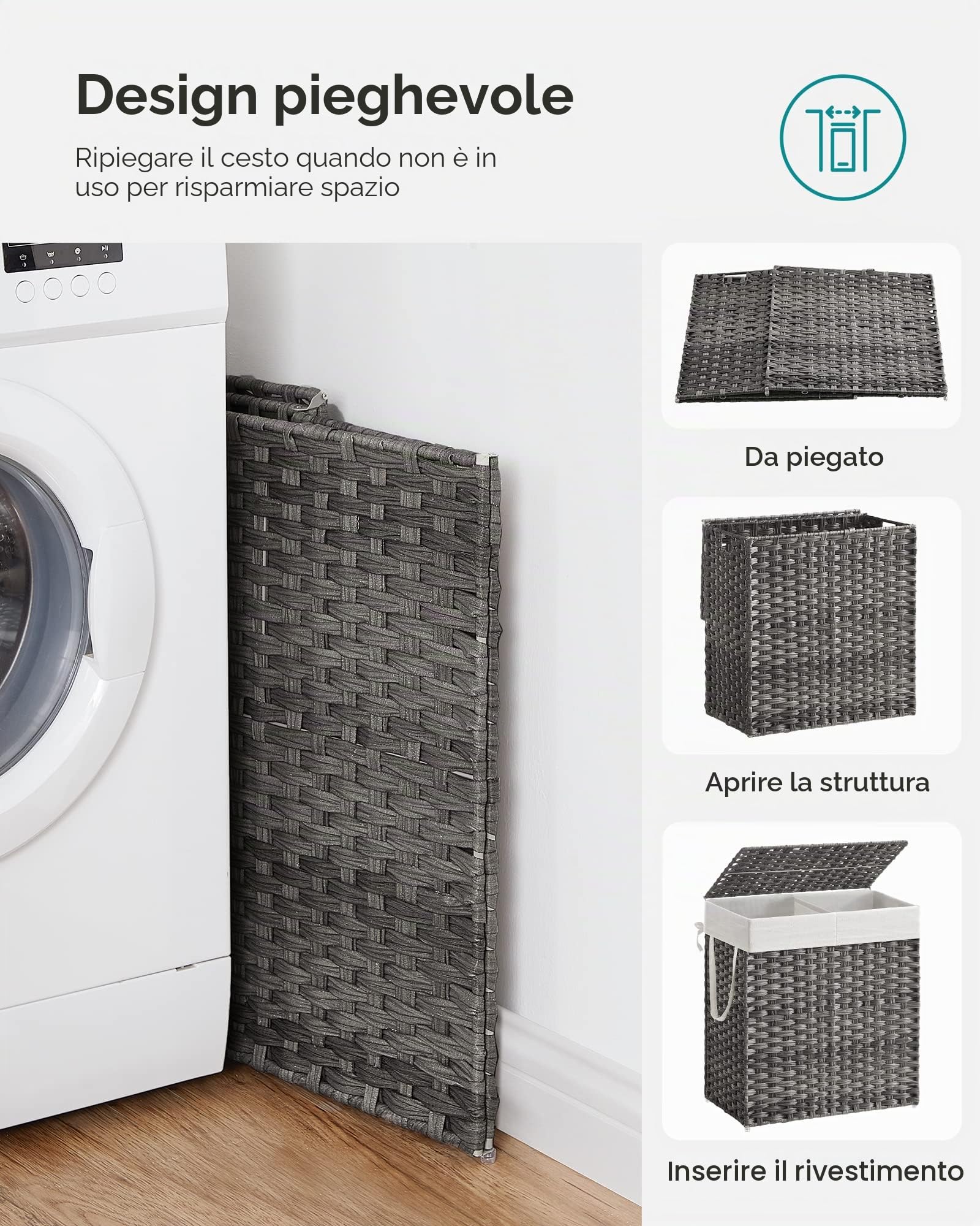 SONGMICS Cesto Porta Biancheria Intrecciato a Mano, 110L, Cesta in Rattan Sintetico Pieghevole con Coperchio e Manici, Sacco Interno Rimovibile, per Vestiti Differenziati, Grigio LCB52WG