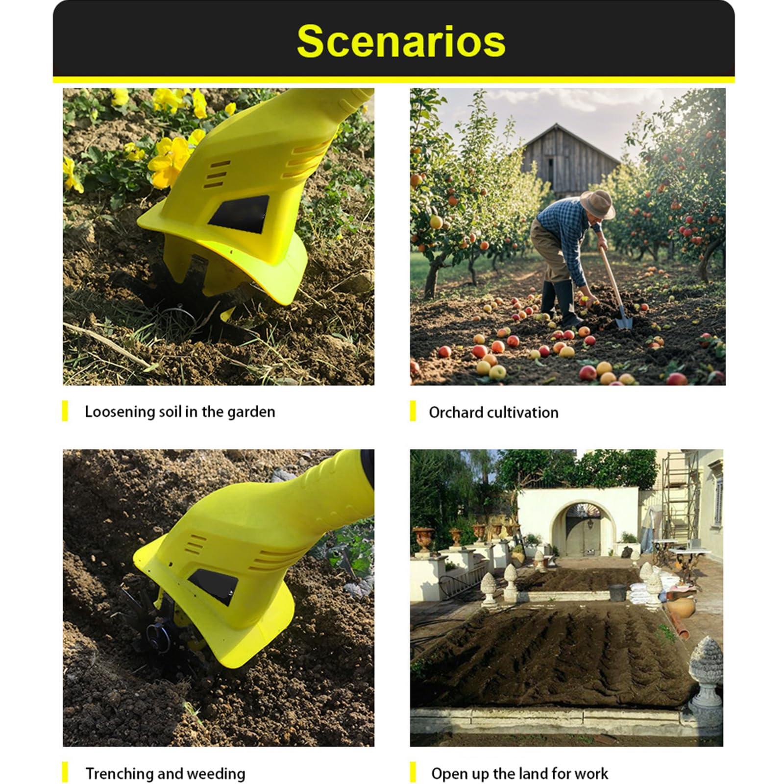 Motoazada Eléctrica Inalámbrica 20V, Cultivador de Jardín con 2 Baterías de 4,0Ah, Ancho de Trabajo 10,5 cm y Profundidad 20 cm, 250 RPM para Huertos y Jardines Pequeños