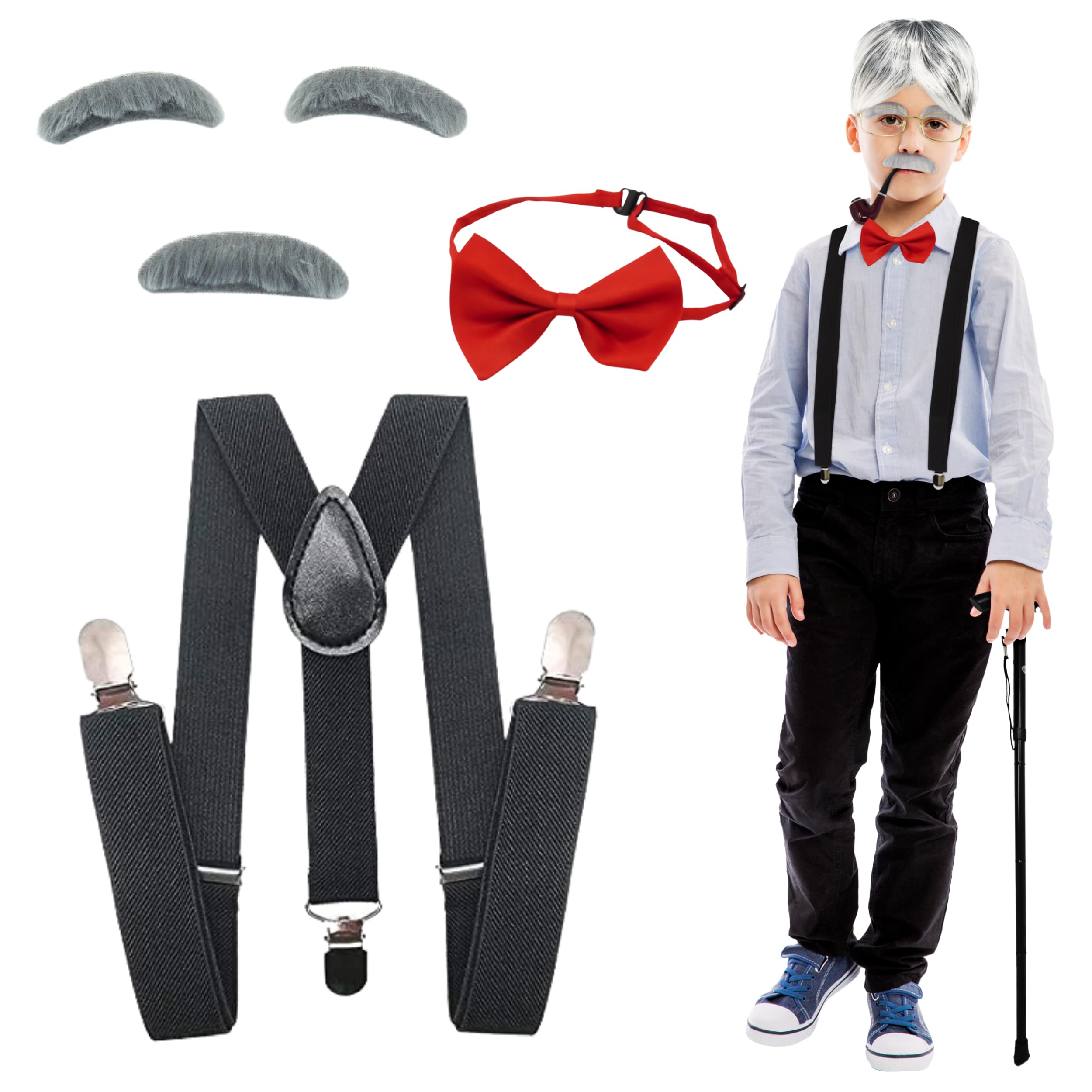 Photo 1 of 4E's Novelty Kids Old Man Costume Accessory - 100 Day of School Costume Accessories for Boys Girls Old Lady Outfit Prop (Suspenders, Mustache & Eyebrows, Bow Tie)
