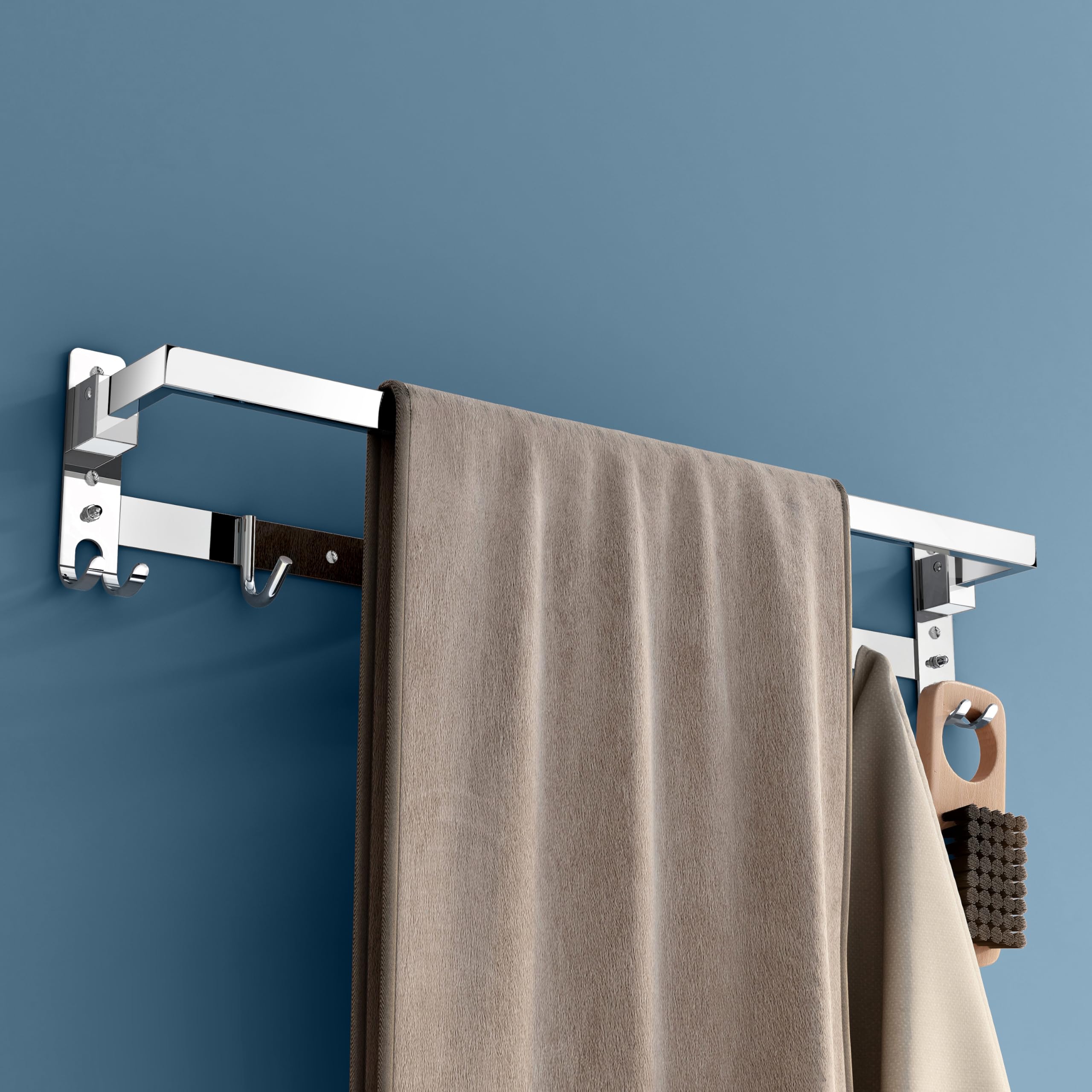Plantex Stainless Steel Folding Single Towel Rod with Hooks/Towel Rack for Bathroom/24 Inch Towel Bar/Hanger/Stand/Bathroom Accessories - Pack of 1 (Chrome)-image-2