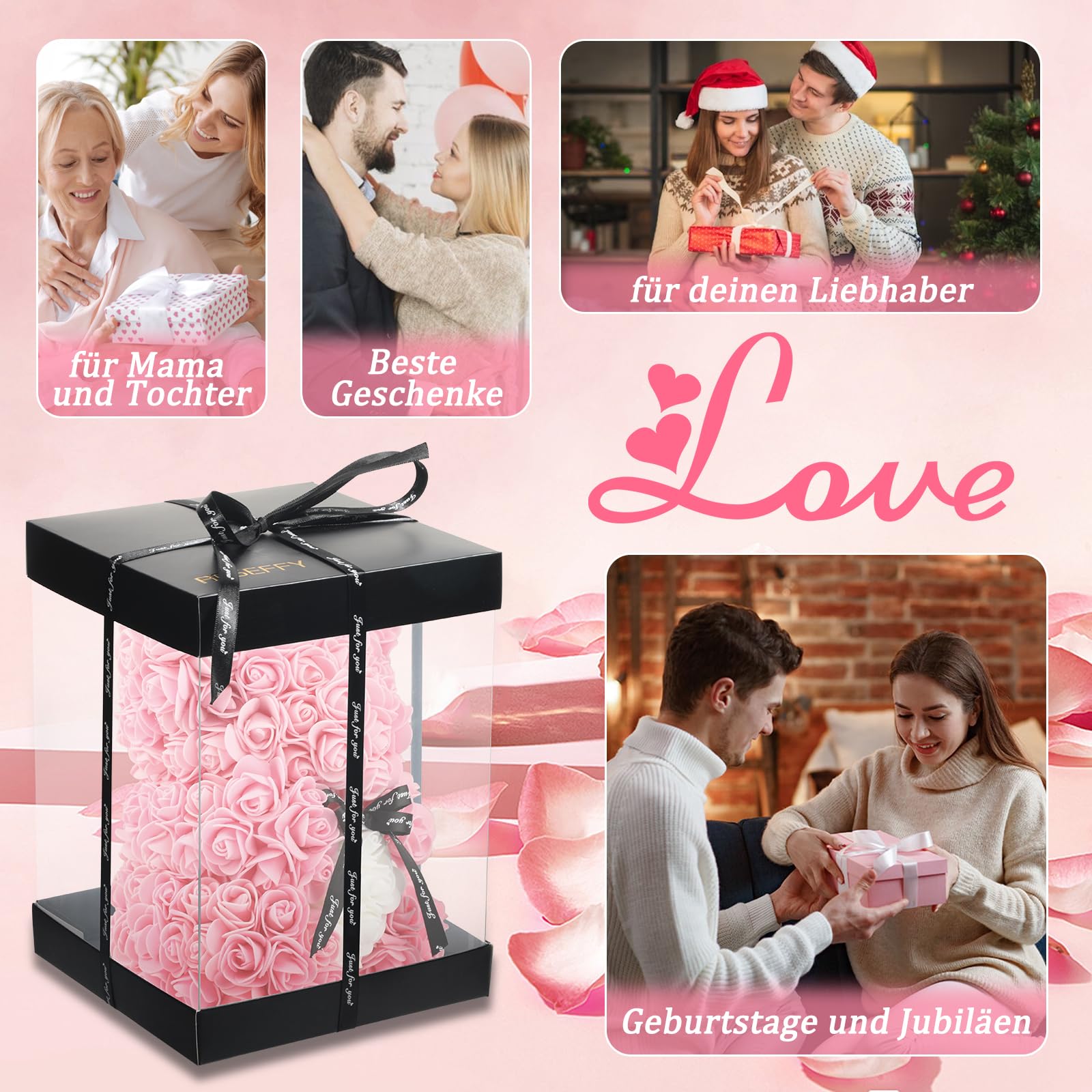 Orso di rose fatto a mano, regalo per lei, amiche, donne, confezione regalo trasparente, 25,4 cm (rosa chiaro)