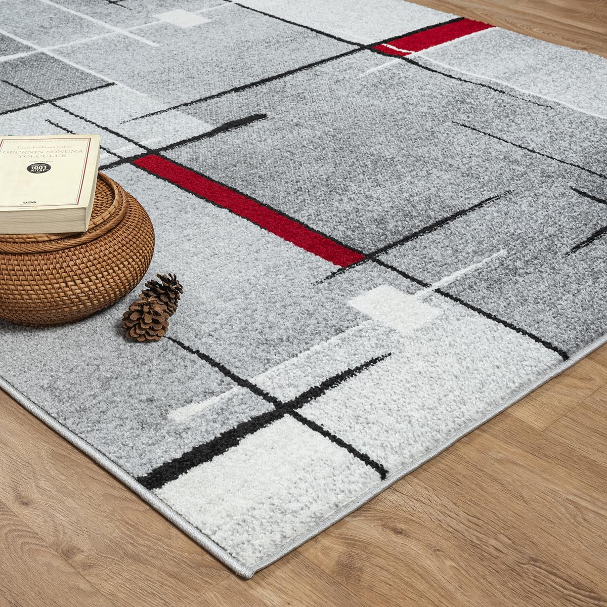 the carpet - Pearl - Tapis à Poils Courts et denses - Moderne - pour Salon et Chambre à Coucher - Découpe des Contours - Motif géométrique - À Carreaux - Gris Rouge - 240 x 330 cm