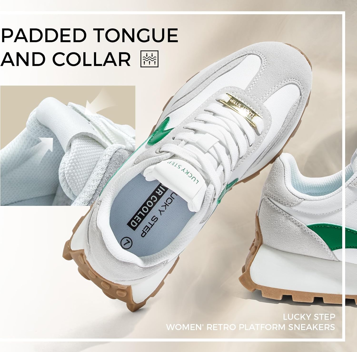 LUCKY STEP Women's Platform Retro Sneakers Classic Tennis Fashion Casual Anti-Slip Lace-up Walking Shoes Running Trendy Color Block Green Footwear - Image 5