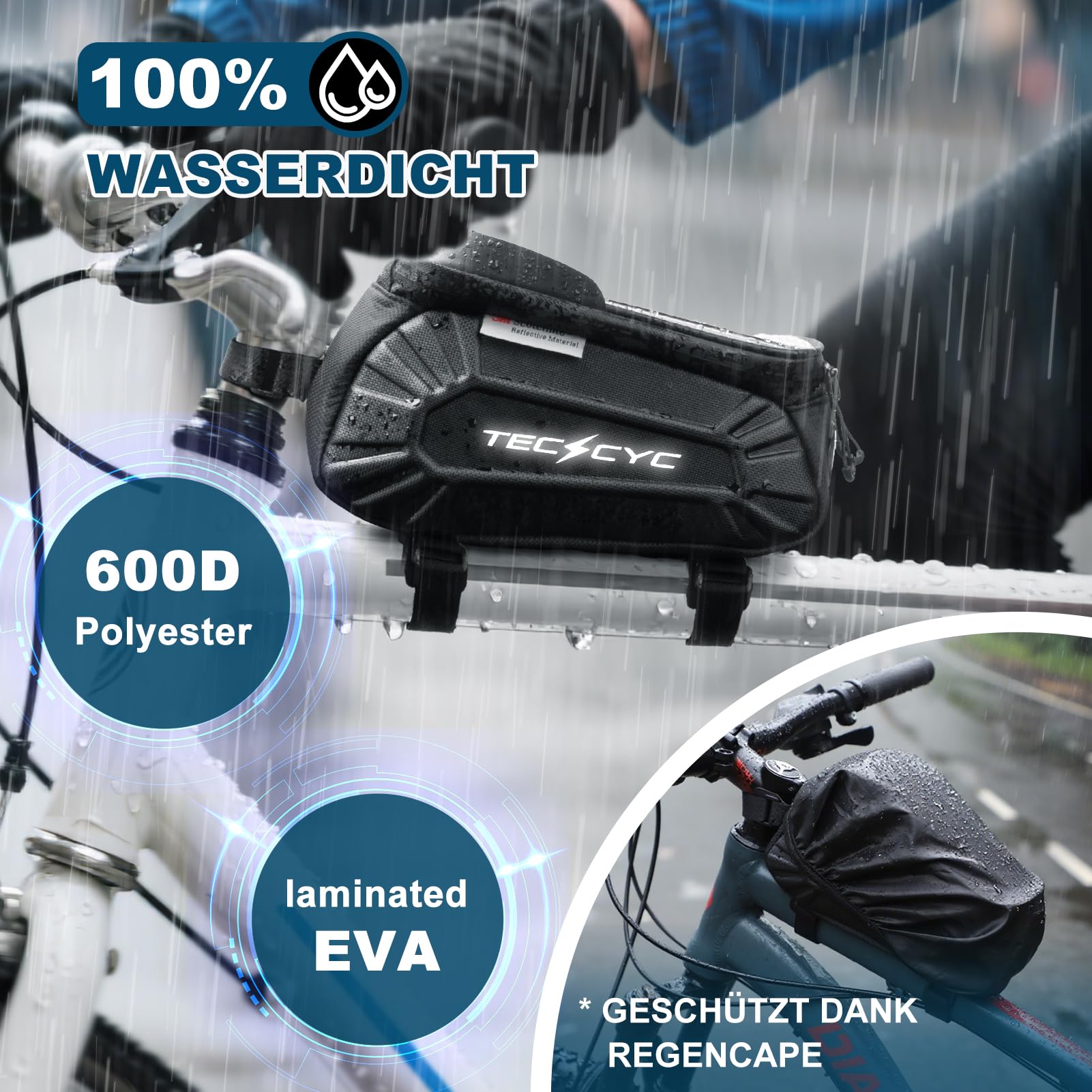 TECHCYC Rahmentasche Fahrrad wasserdicht TPU Touchscreen - Fahrradtasche Rahmen bis 7 Zoll Handy, Reflektierende Oberrohrtasche für MTB, Rennrad, E-Bike & Gravelbike, Bikepacking Zubehör