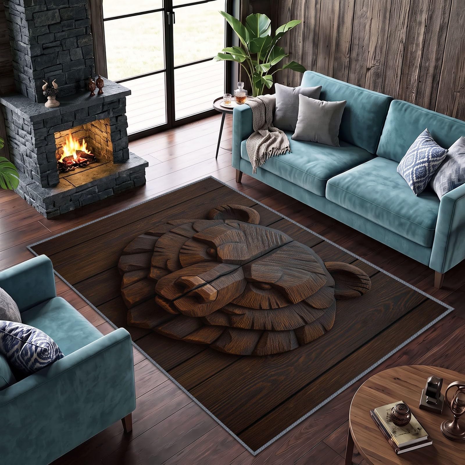 Alfombra antideslizante de madera natural, 160 x 230 cm, diseño de oso de vetas de madera, pelo corto, alfombra de salón, fácil de limpiar, para habitación juvenil, dormitorio, mesa de comedor, cocina