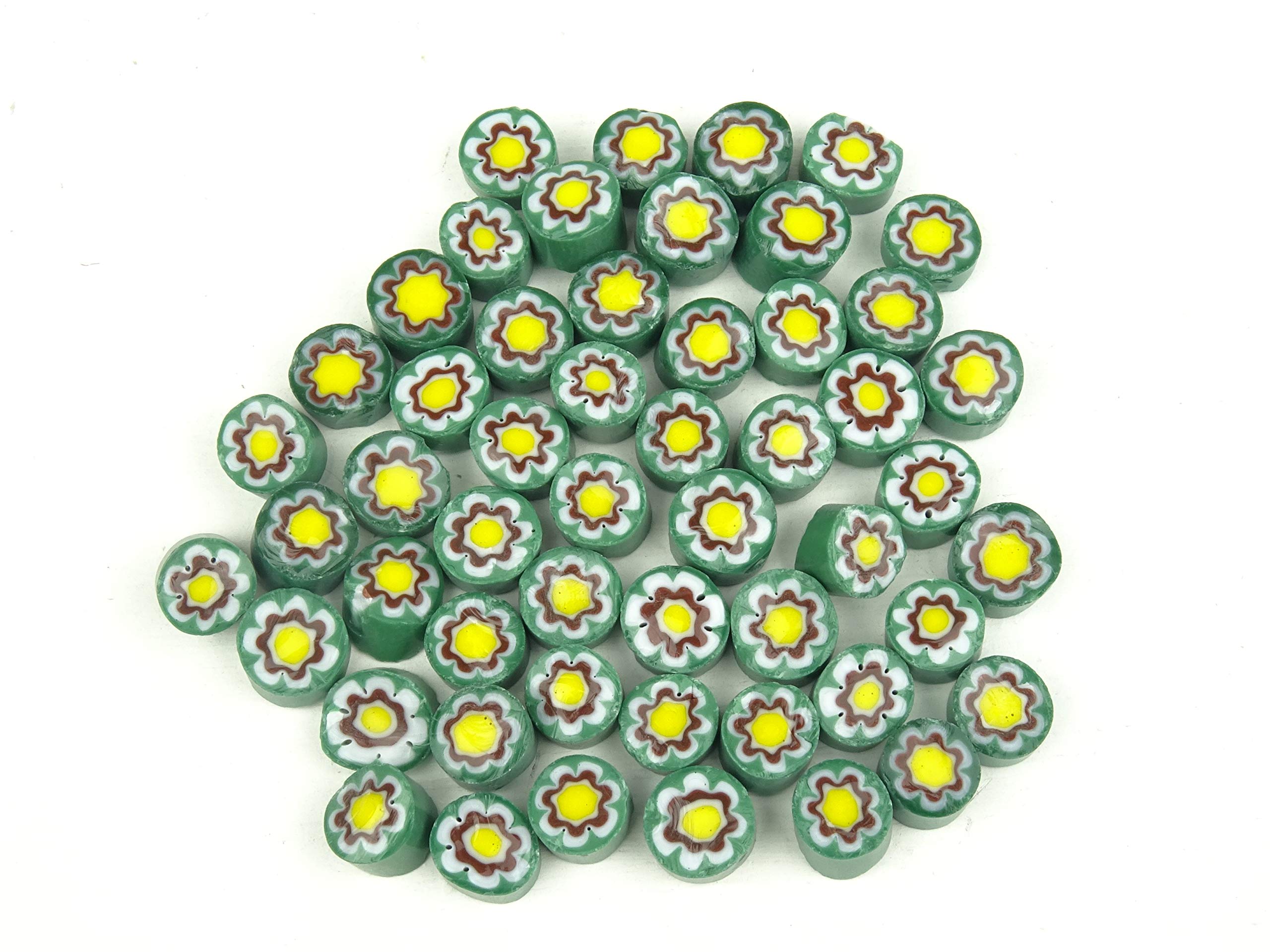 25g Millefiori Green with Yellow Flower 7-8mm Approx 65 Pieces