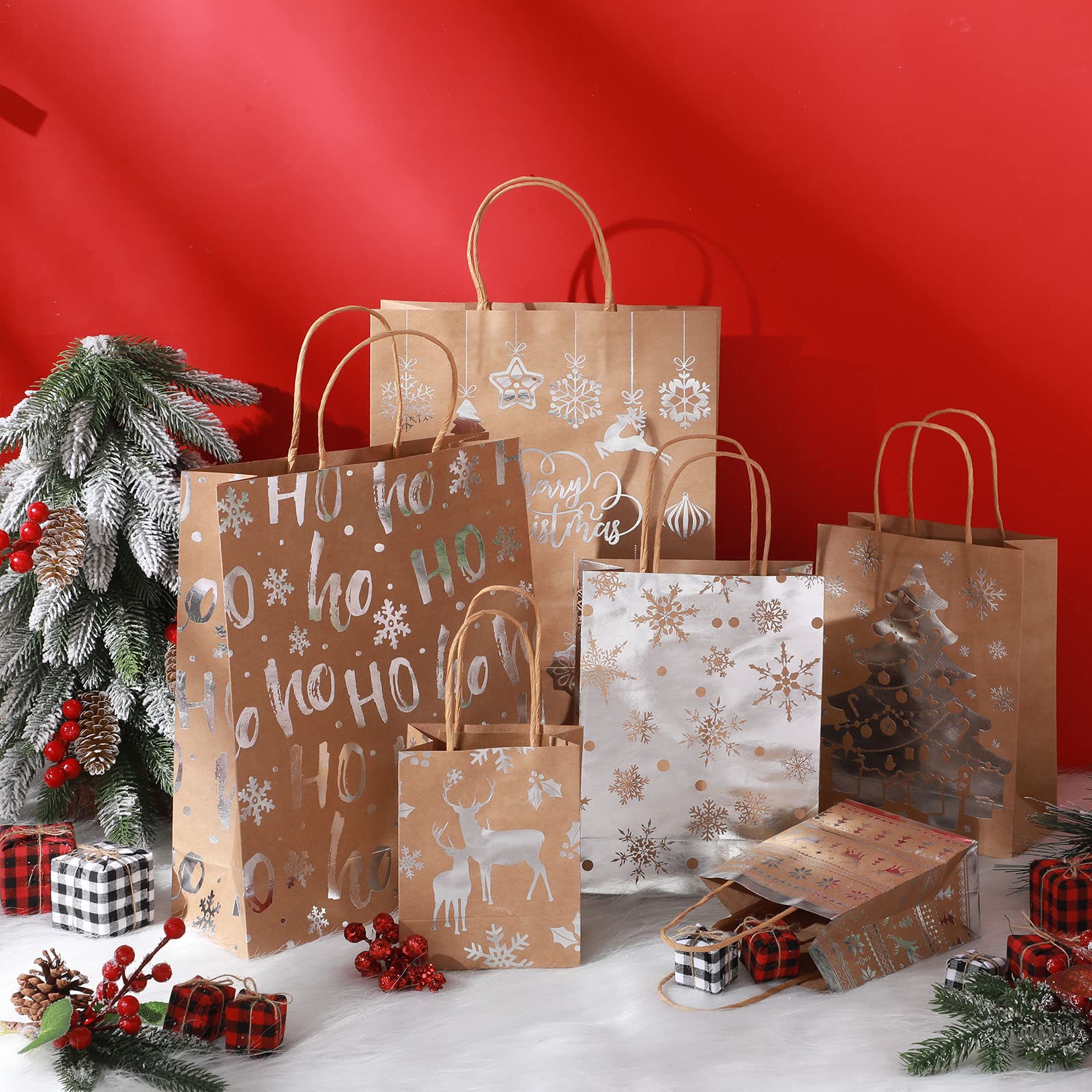 Nezyo 18 Pcs Christmas Kraft Paper Bags Xmas Gift Bags Multipack with Handle Bronzing Metallic Gift Treat Goodie Assorted Sizes Bulk for Holiday New Year Party Packaging Decor(Silver) - Image 4