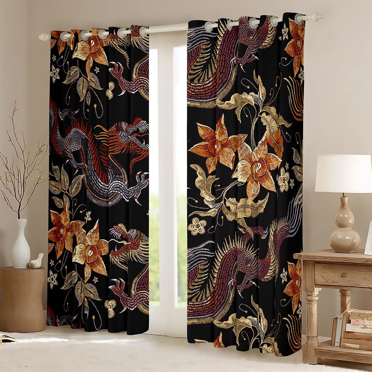 Loussiesd Dragon Curtains for Bedroom Boys Chinese Style Room Curtain 3D Animal Window Drapes Plant Floral Grommet Window Treatment Room Decoration W66*L90 - Image 3