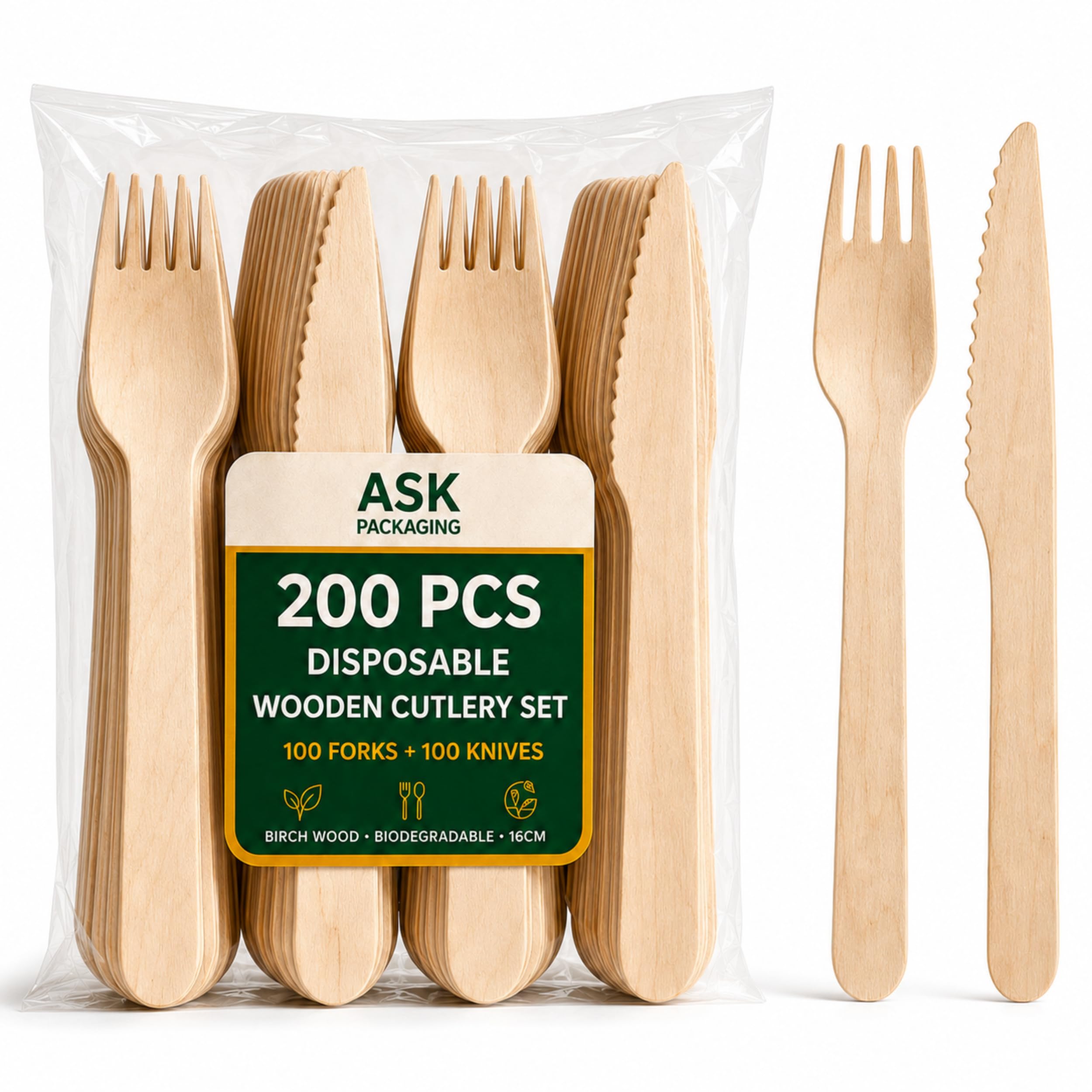 200x Wooden Cutlery (100x Forks, 100x Knives) Birchwood Disposable Cutlery