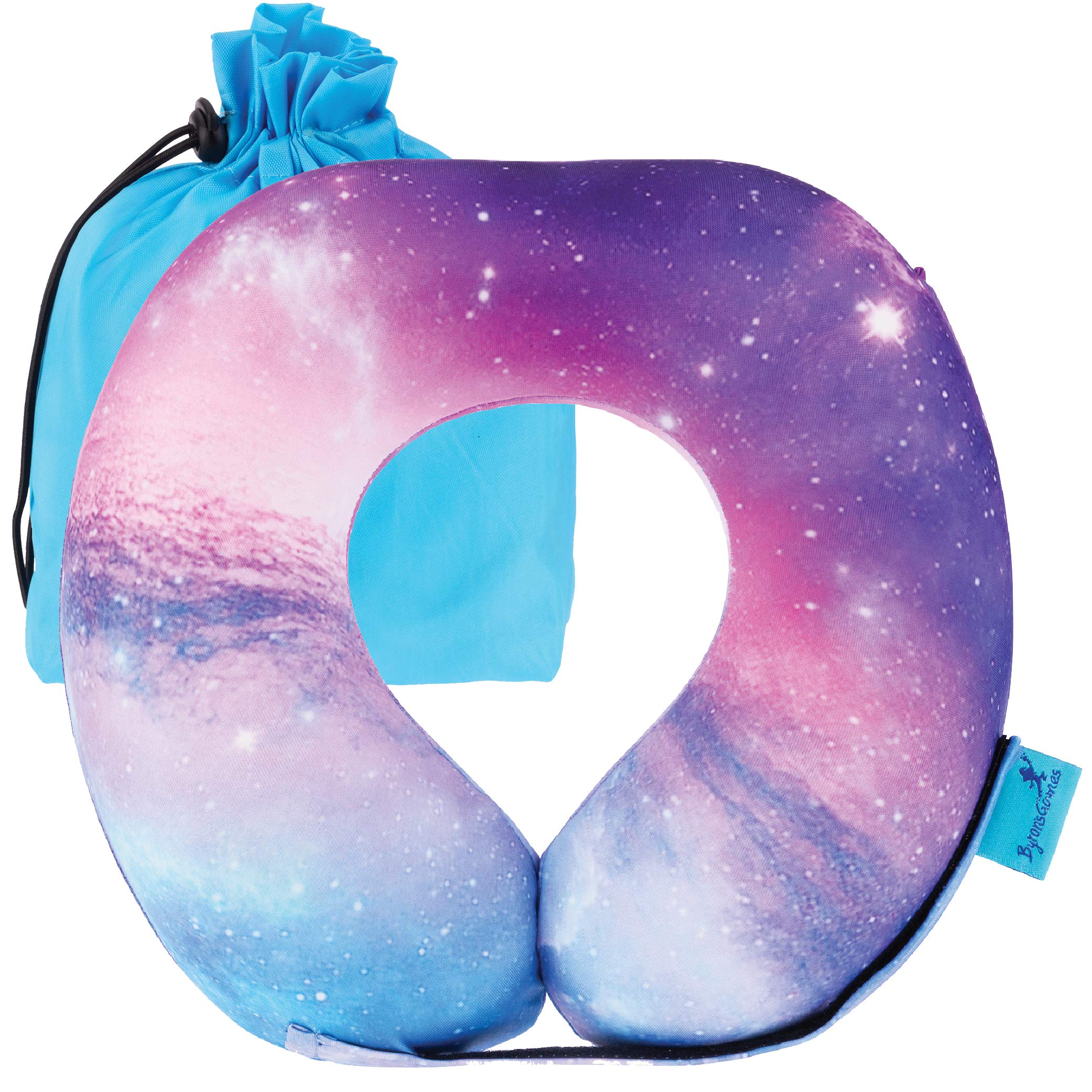 Byron's Games Kids Memory Foam Neck Pillow with Adjustable Strap Offering 360° Support. Add Comfort to Airplane or Car Journeys with The Toddler Travel Pillow. Machine Washable Cover (Galaxy)