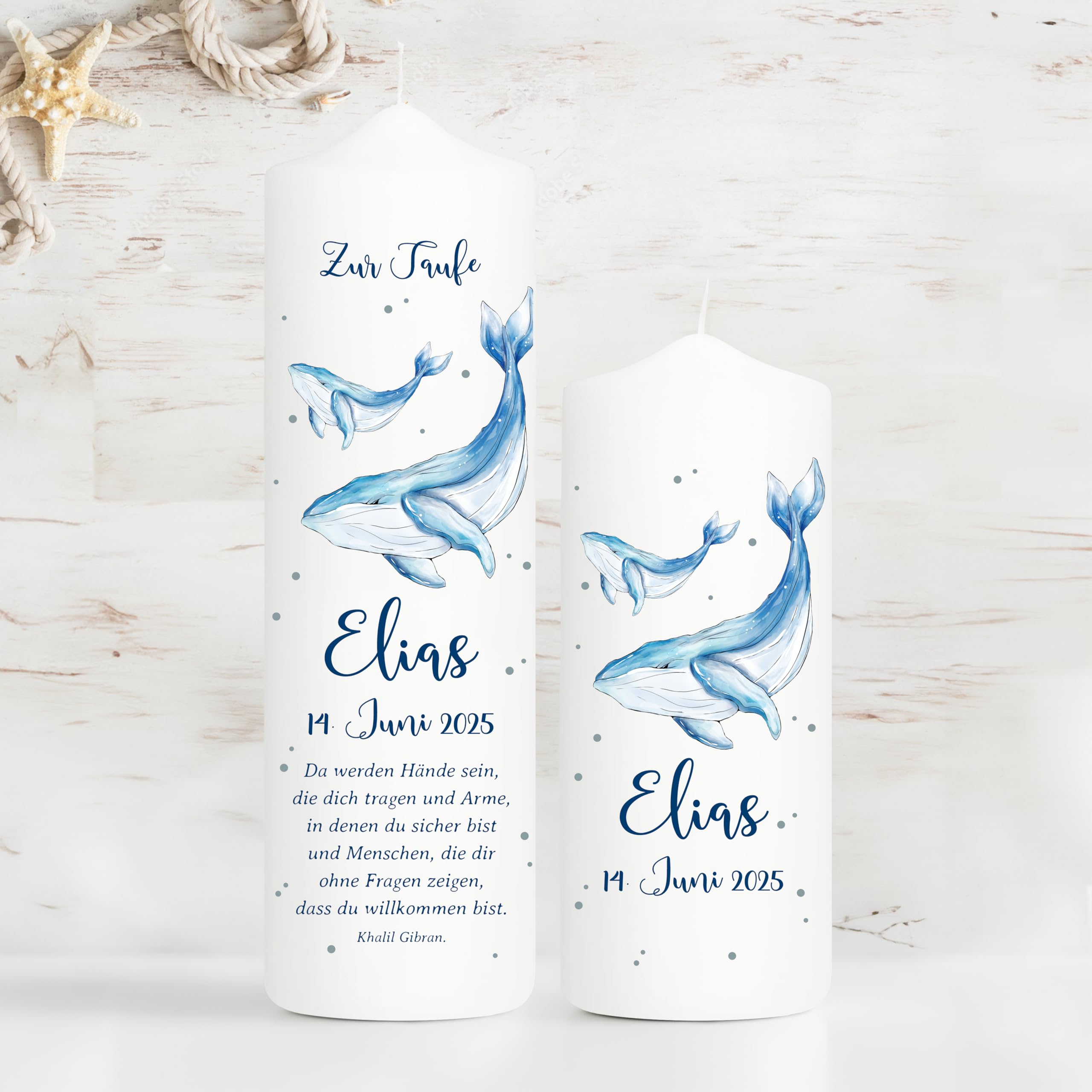 Wandtattoo Loft Taufkerze Junge mit Taufspruch + 2 Patenkerzen, Motiv Blauer Wal 25 x 7 cm, personalisierte Kerze, bedruckte Kerze zur Taufe, Taufgeschenk