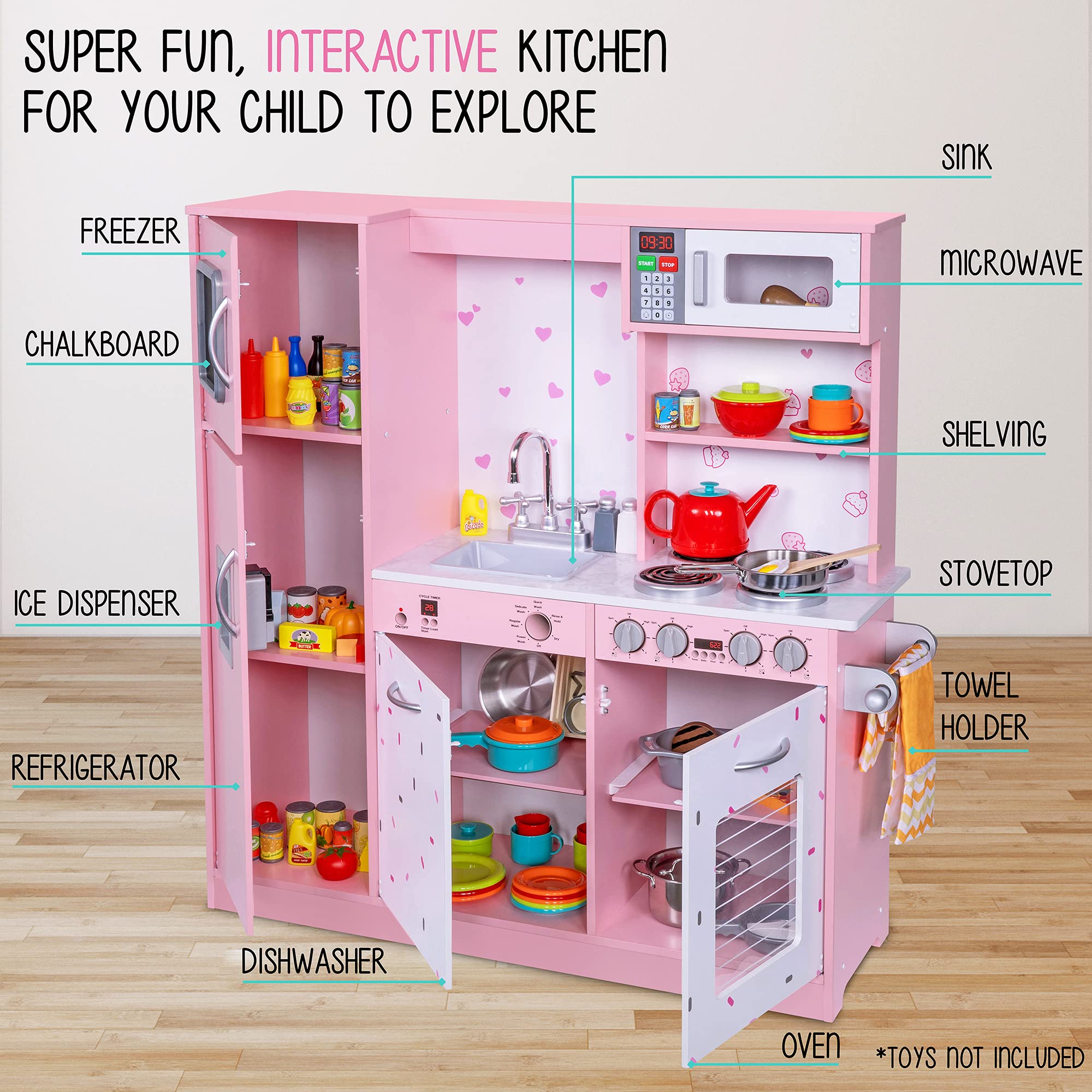 Lil' Jumbl Kids Kitchen Set, Pretend Wooden Play Kitchen, Battery Operated Icemaker & Microwave with Realistic Sound, Pots & Pan Included - Pink