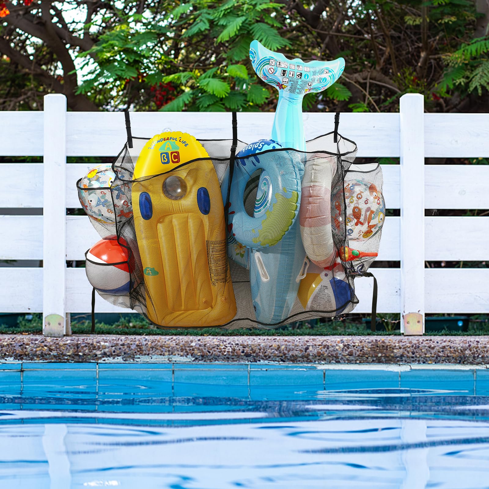 Cestino portaoggetti per piscina con 3 tasche laterali e cinghie inferiori, sacchetto impermeabile in rete per giocattoli da piscina (148 x 40 x 95 cm), adatto per gadget da piscina, conservazione e