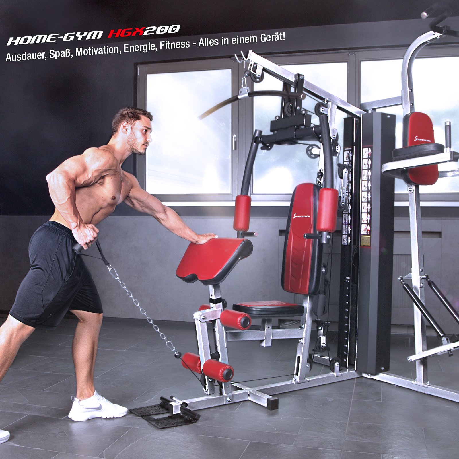 Sportstech Kraftstation für Zuhause HGX150/HGX200, Multifunktions-Homegym mit Latzug, Butterfly, Stepper & Powertower, Fitnessstation, 70kg Trainingsgewicht für Ganzkörpertraining & Muskelaufbau