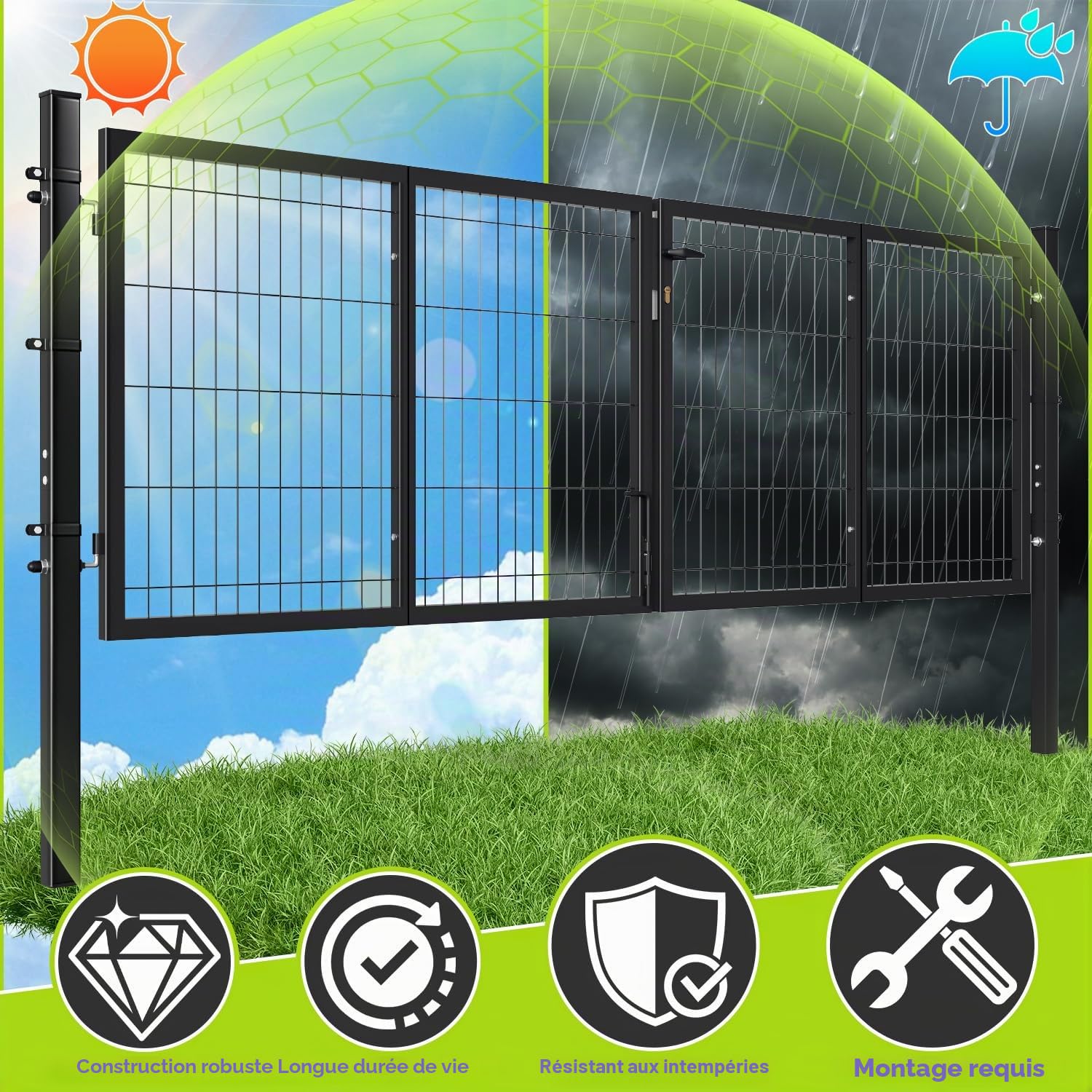 Portail de jardin en métal, double battant, 300 x 100 cm, tube carré, pour jardin avant/terrasse, pour panneaux à double fil (anthracite)