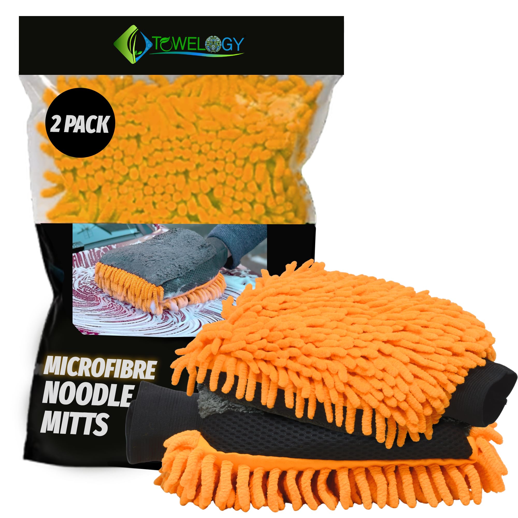 Towelogy Pack Of 2 Car Wash Mitt Professional Premium Microfibre 3in1 Noodle Glove Swirl Free Car Washing and Cleaning Mitt (Orange)