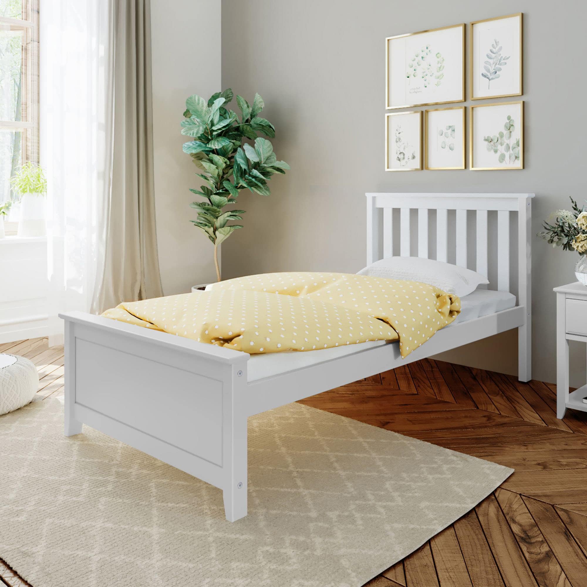 Twin Bed Frame with Slatted Headboard, Solid Wood Platform Bed for Kids, No Box Spring Needed, Easy Assembly, White