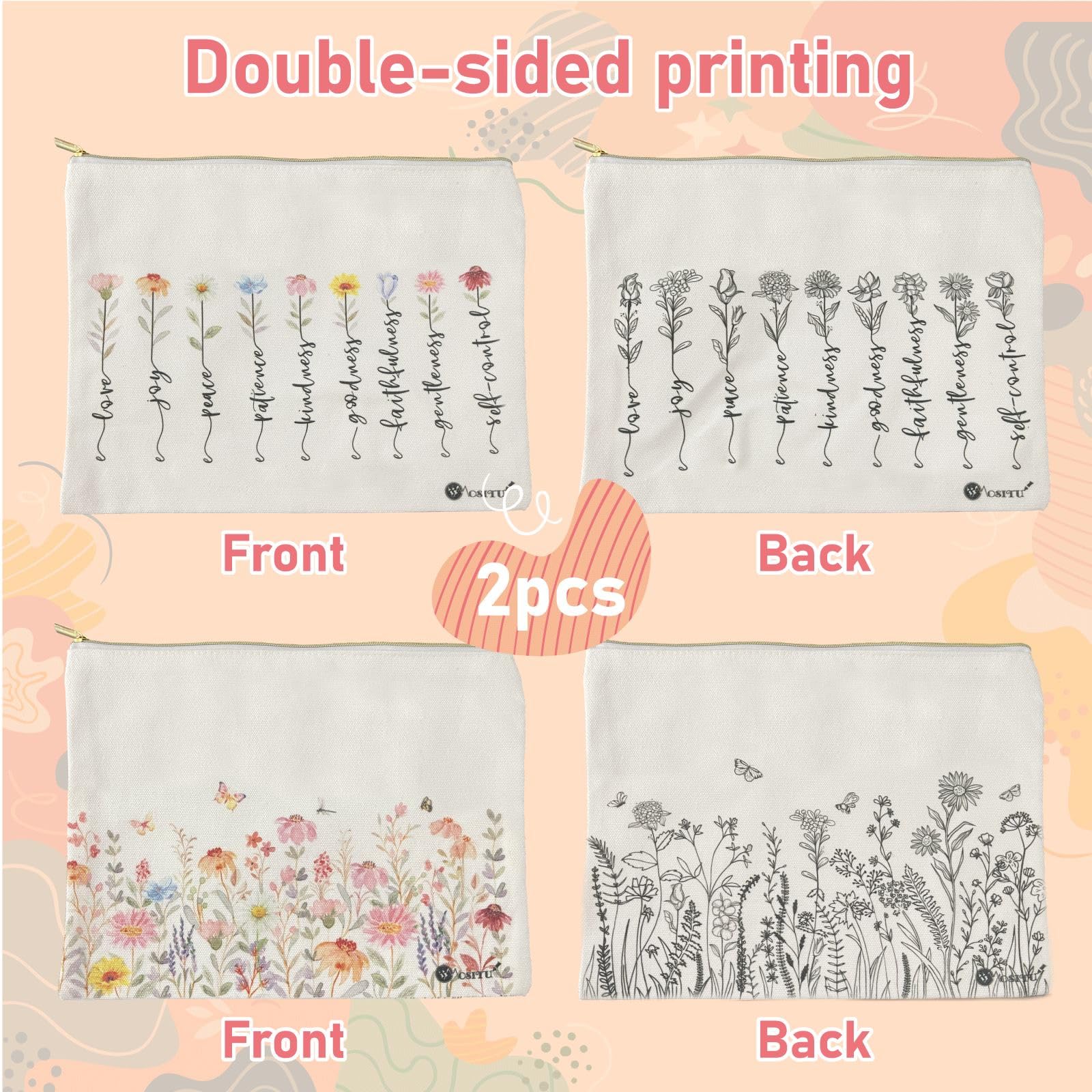 MOSITU 2 Pack Canvas Makeup Bags for Travel Floral Cosmetic Organizer Large Capacity Toiletry Pouch with Zipper for Women Toiletries Storage - Image 4