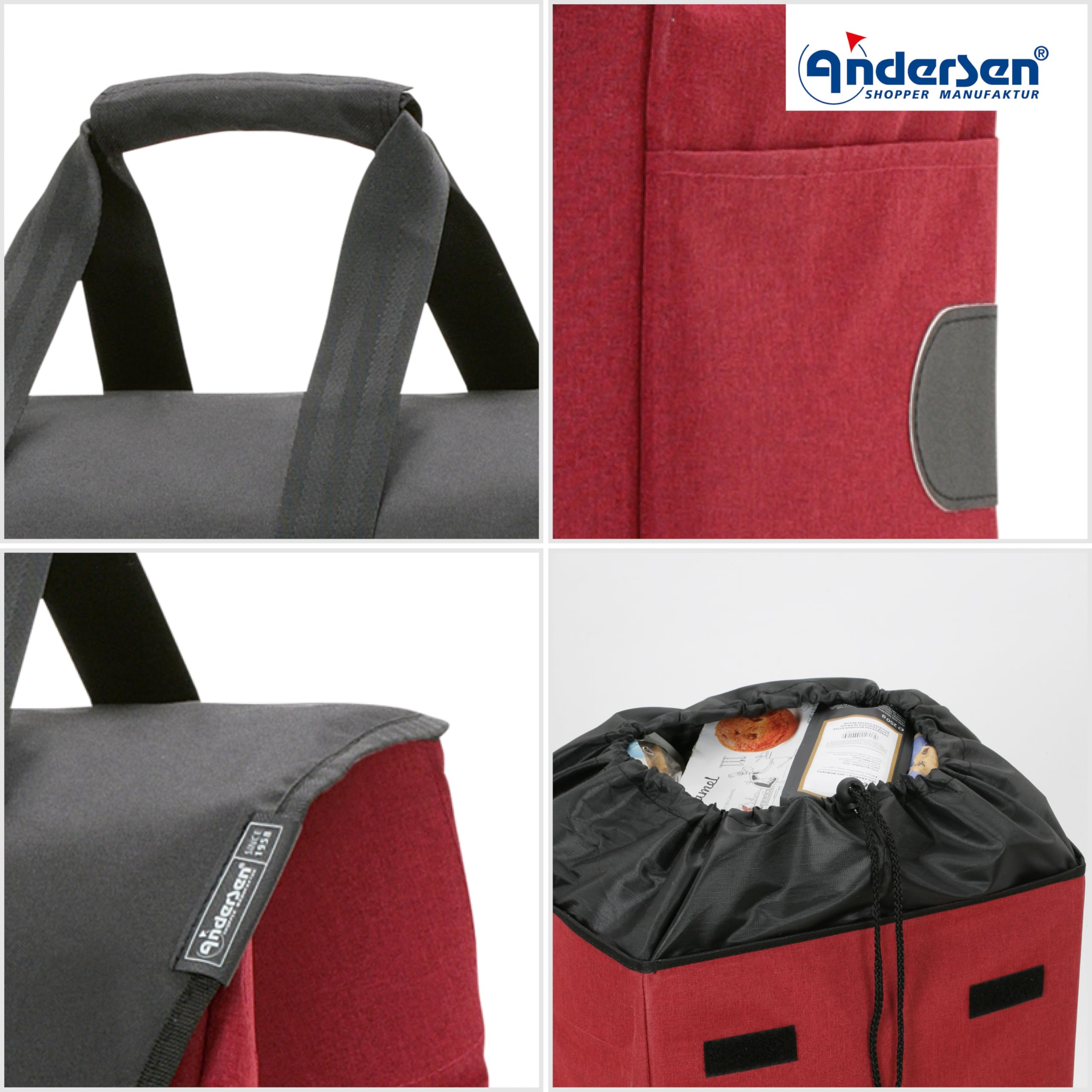 ANDERSEN Einkaufstrolley - Komfort Shopper Senta 2.0 rot | mit Sitz, klappbar, aus Stahl, bis 50 kg - Tasche mit Kordelzug, Fronttasche, Reflektoren, 49 L