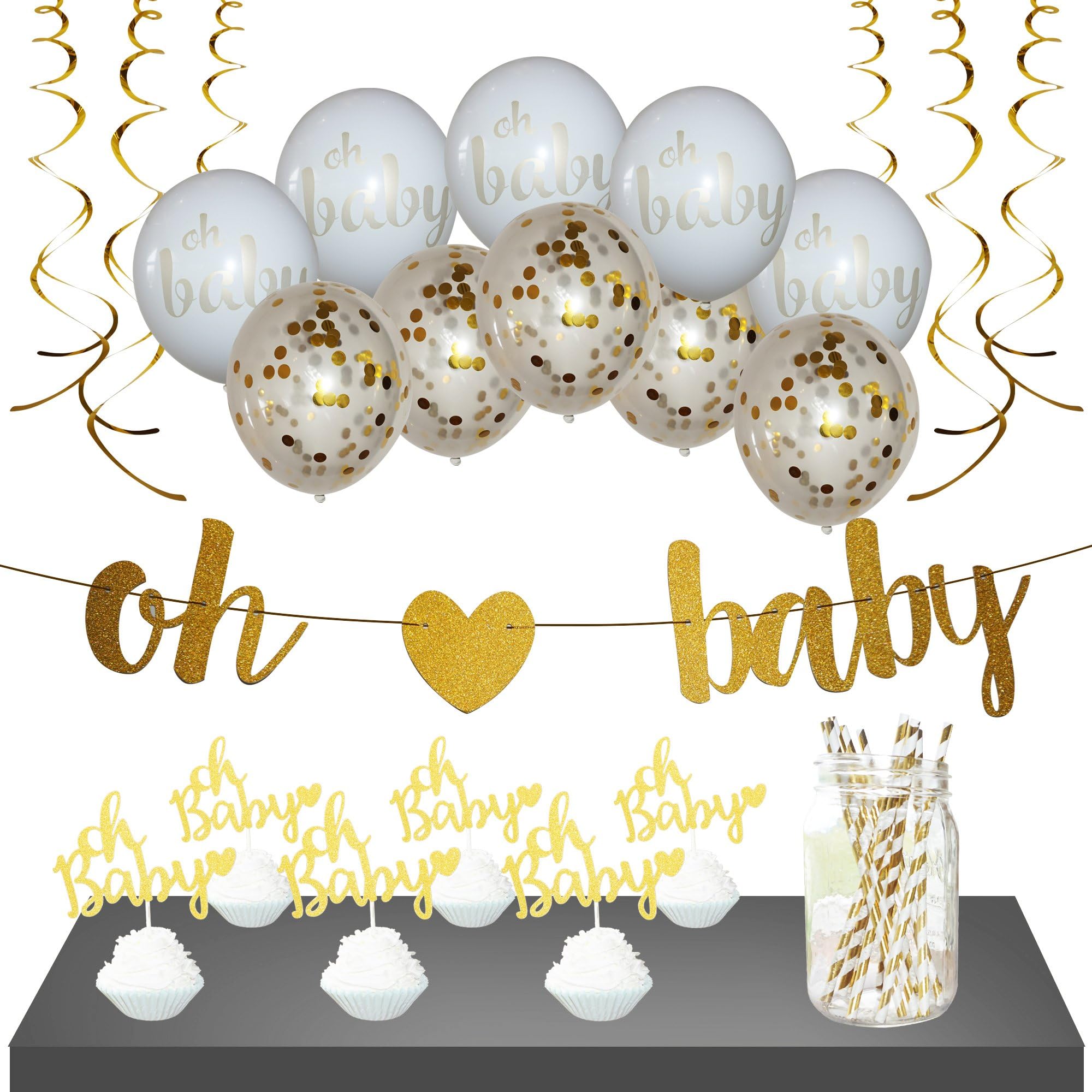 Baby Shower Decorations - Gender Neutral, for Girl or Boy | Gold, Oh Baby Shower Banner, 10 Gold/White Balloons, 6 Cupcake Toppers, 12 Straws & 6 Gold Streamers | 35 Piece set | Gender Reveal