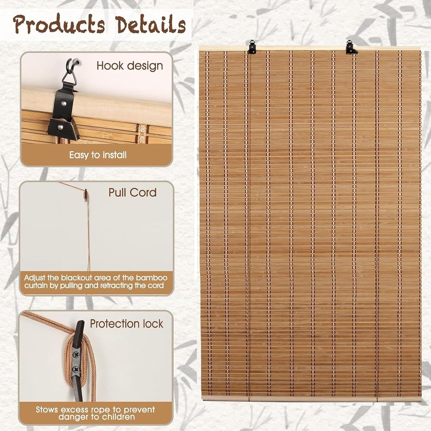 Stores en Bambou pour Fenêtre,Store Enrouleur Bambou Naturel,Store Venitien Bois,Store Bateau à Traction Latérale pour Extérieur/Intérieur,Rideau Occultant,Largeur x Hauteur (60x280cm)