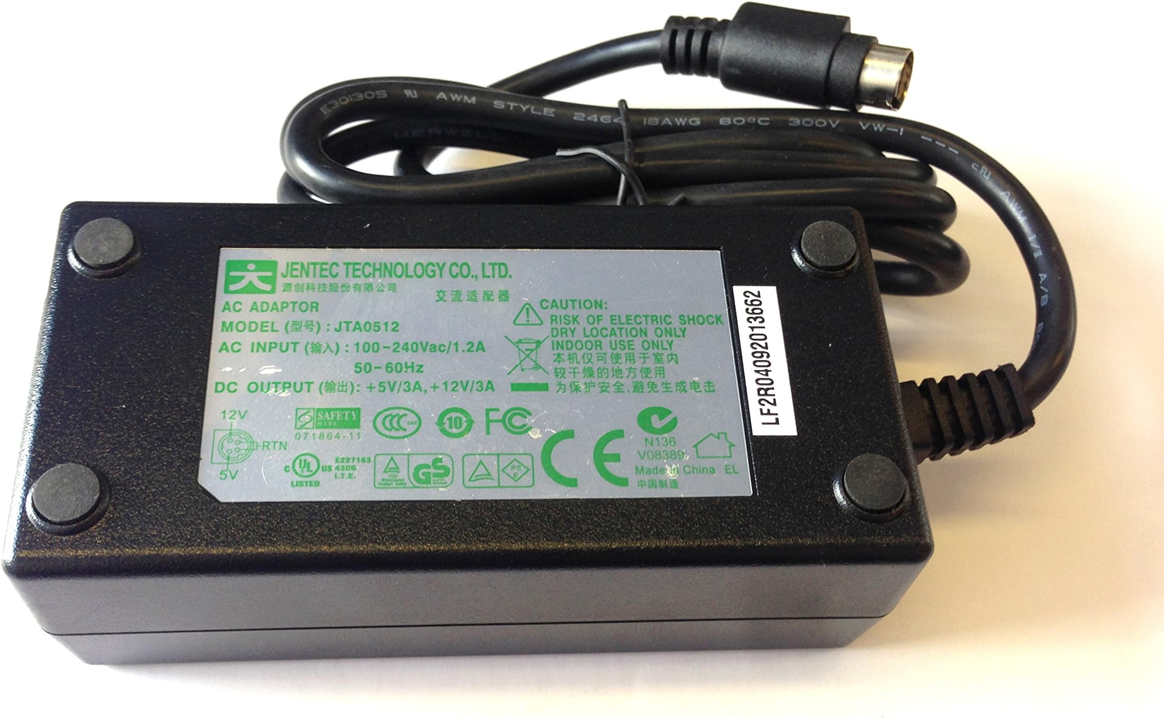 GENUINE JENTEC JTA0512 AC POWER ADAPTER 5V 3A - 12V 3A 4 PIN DIN CONNECTION FOR LCD, EXTERNAL HARD DRIVE, DVD ETC