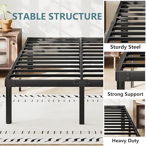 Miniatura 5 de Marco de cama de metal de 16 pulgadas, tamaño individual XL, no necesita somier, base de colchón resistente, fácil montaje, sin ruido, color negro