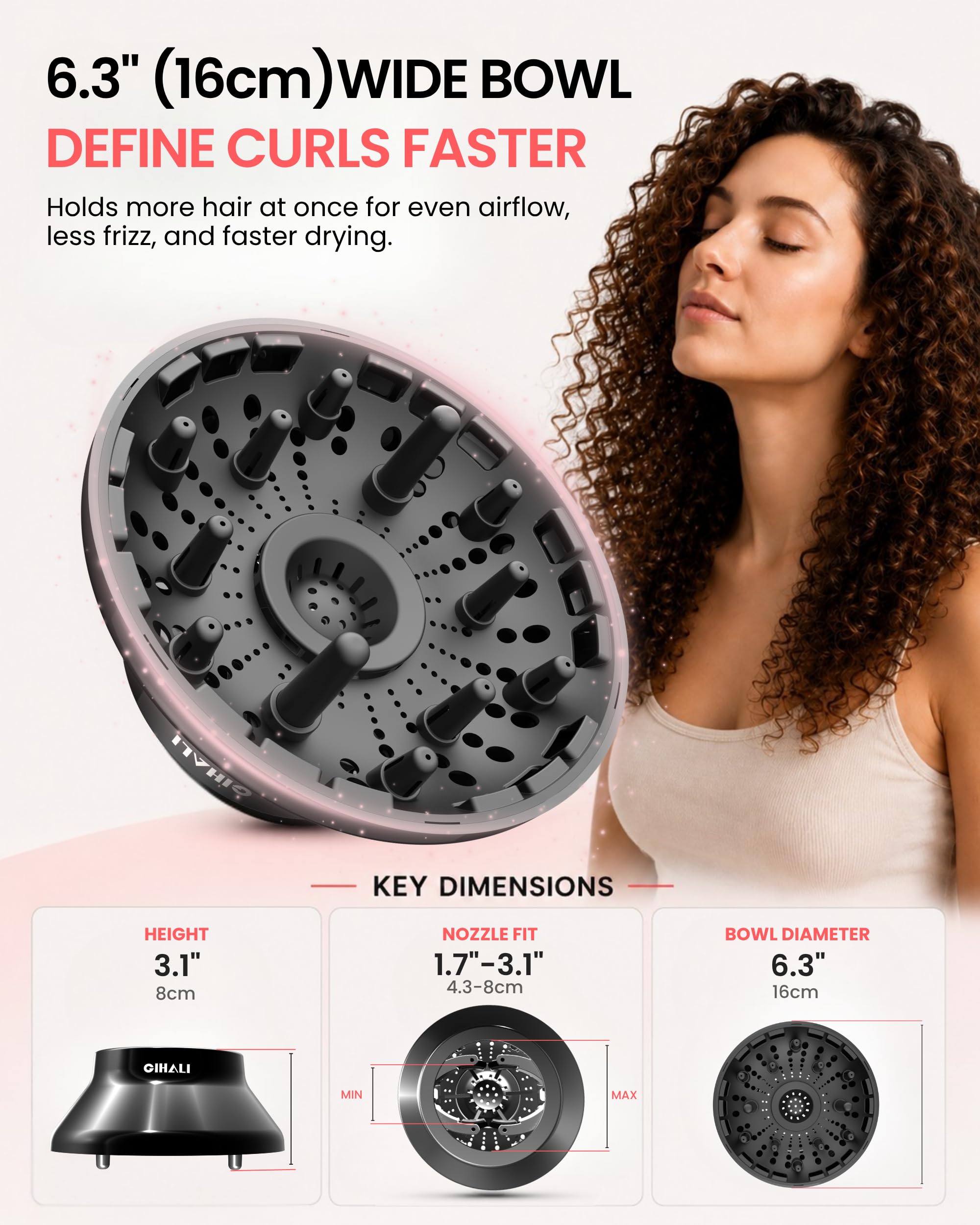 Diffusore Universale Extra Ampio per Asciugacapelli, Compatibile con Bocchette da 4,3 a 8 cm, Design Brevettato con Chiusura a Pressione, per Capelli Ricci, Ondulati e Naturali (Nero)