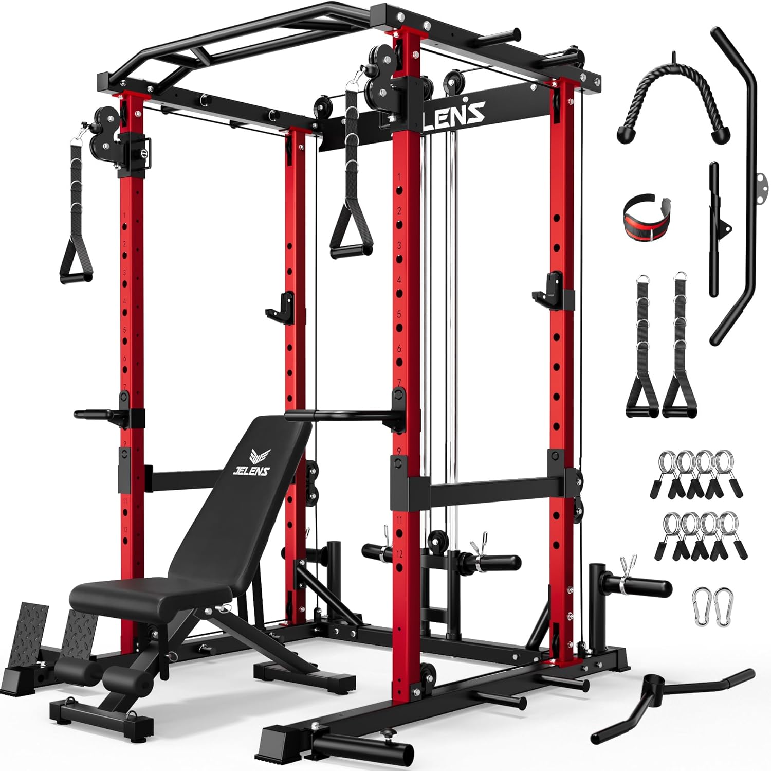 JELENS C12 Squat Rack for Home Gym, 2000LBS Power Rack with Adjustable Pulley System, Power Cage Workout Equipment with LAT Pulldown and Training Attachment